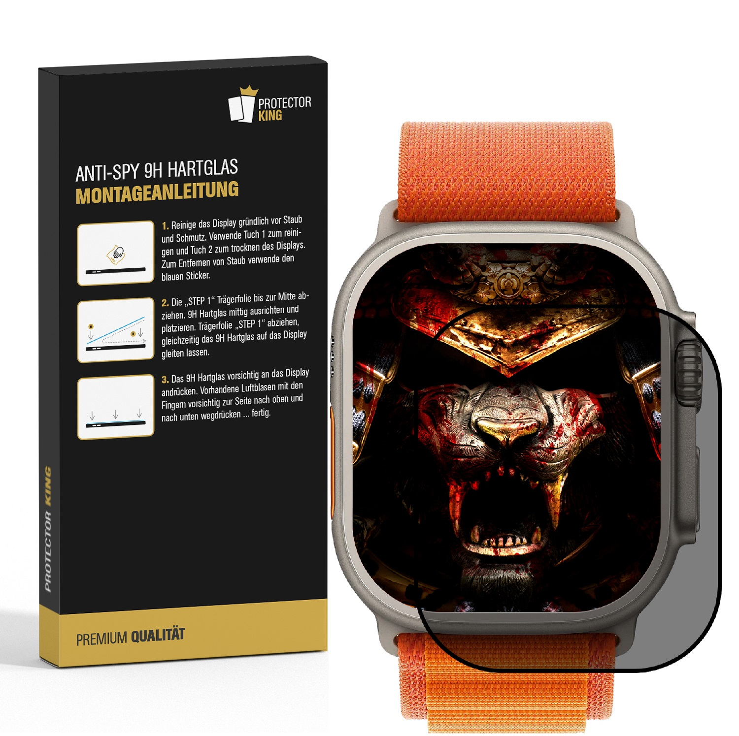 Smartwatch am Handgelenk mit Displayschutz und Anleitung.