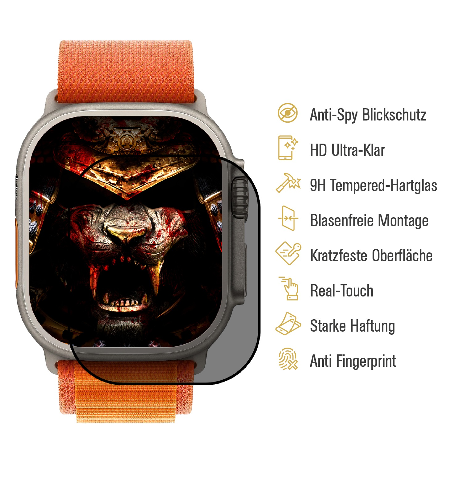 Eine Smartwatch mit orangefarbenem Armband, die ein Löwenbild anzeigt. Text um den Bildschirm beschreibt Funktionen.