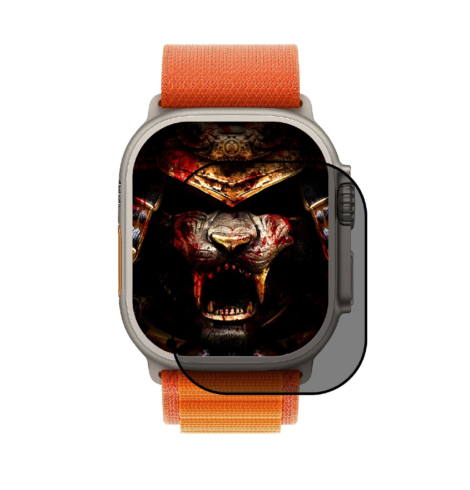 Eine Smartwatch mit orangefarbenem Armband. Der Bildschirm zeigt ein detailliertes, wildes Kriegergesicht.