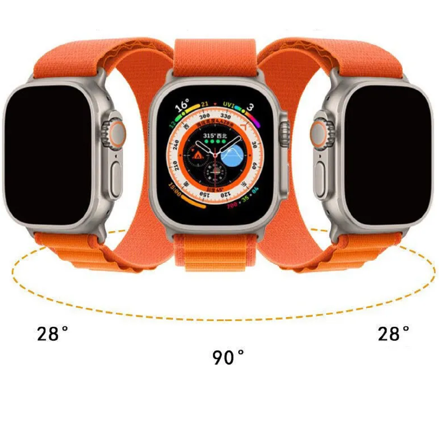 Drei silberne Smartwatches mit orangefarbenen Armbändern, zeigen verschiedene Winkel und Kompassanzeige.