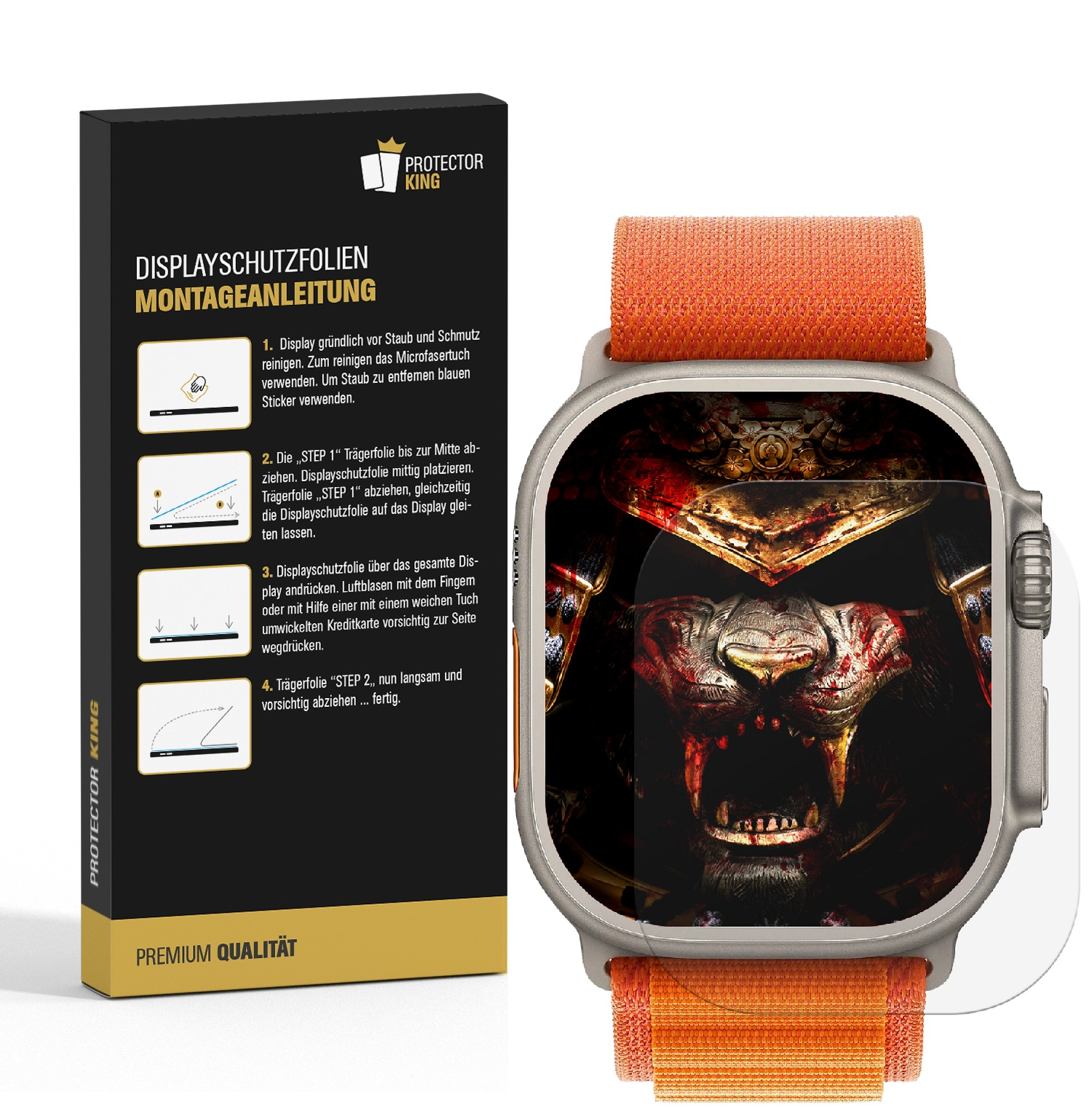 Eine Smartwatch mit Samurai-Themen-Displayschutzfolie und einer Box mit Anweisungen zur Anwendung.
