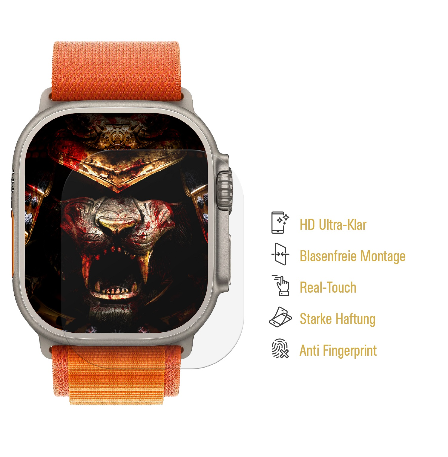 Silberne Smartwatch mit orangefarbenem Armband. Zeigt ein Löwengesicht mit Text: HD Ultra-Klar, Blasenfreie Montage, Real-Touch, Starke Haftung, Anti Fingerprint.