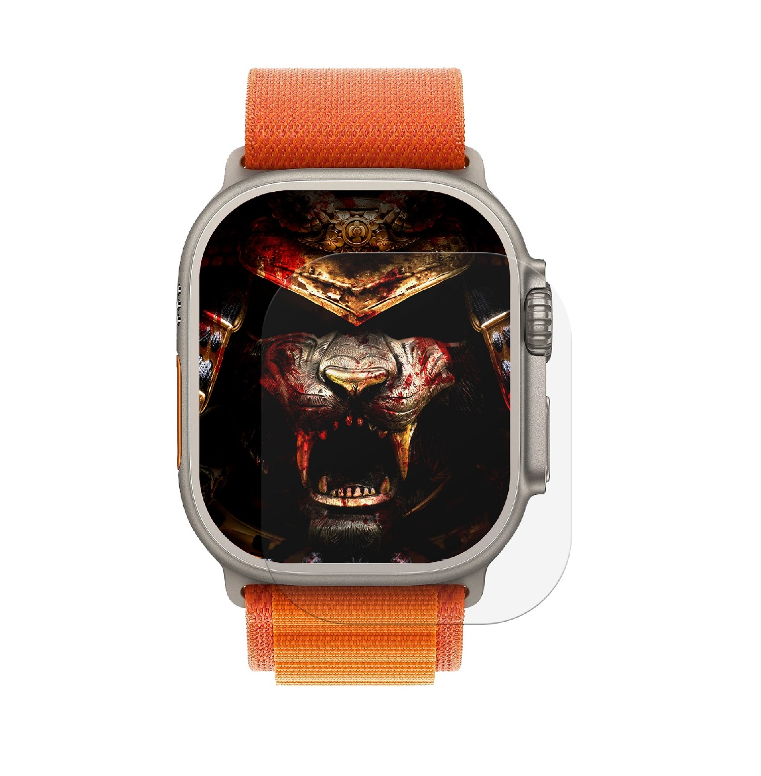 Eine Smartwatch mit orangefarbenem Armband. Das Display zeigt ein Samurai-Design.