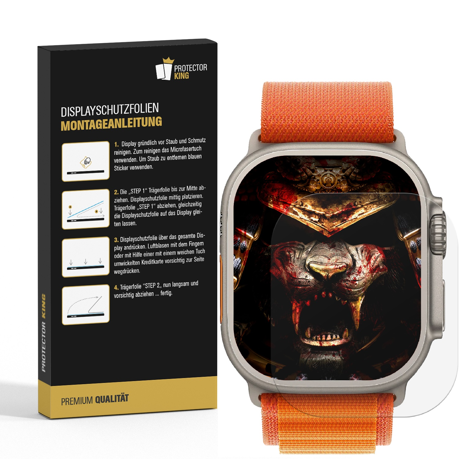 Uhr mit orangefarbenem Armband, Displayschutzfolienbox. Uhr zeigt Kriegerbild. Displayschutz auf dem Zifferblatt.