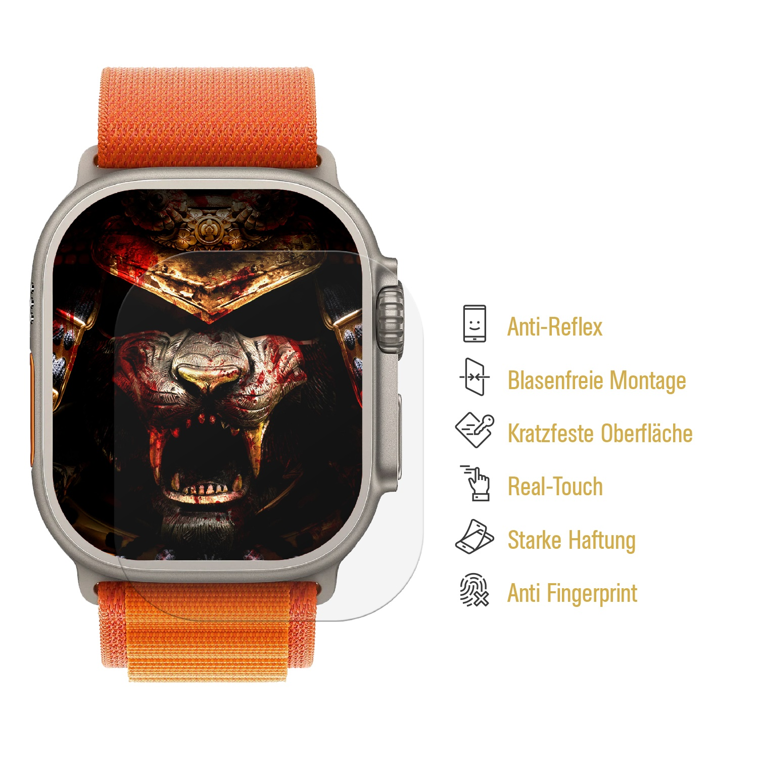 Smartwatch mit rotem Armband. Der Displayschutz zeigt ein digitales Bild eines Gesichts.