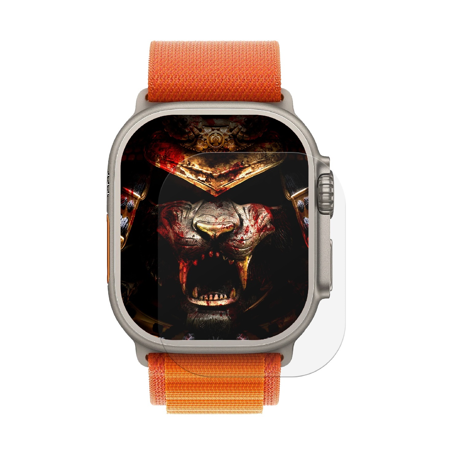 Eine Smartwatch mit orangefarbenem Armband, die einen Löwenkopf auf dem Bildschirm zeigt, vor weißem Hintergrund.