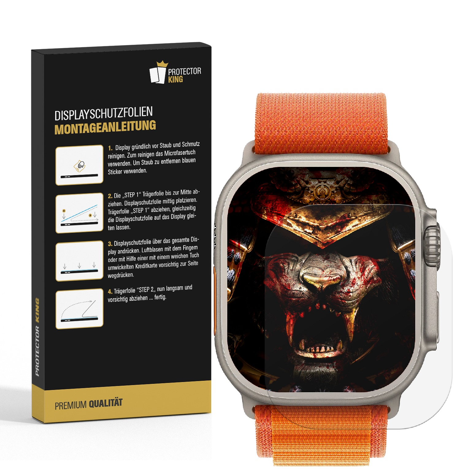 Smartwatch mit Displayschutzfolie und Anleitung, neben einer Box, auf weißem Hintergrund.