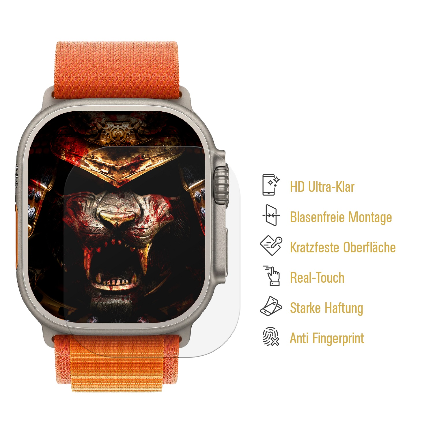 Smartwatch mit Displayschutz, Kriegergesicht und orangefarbenem Armband.