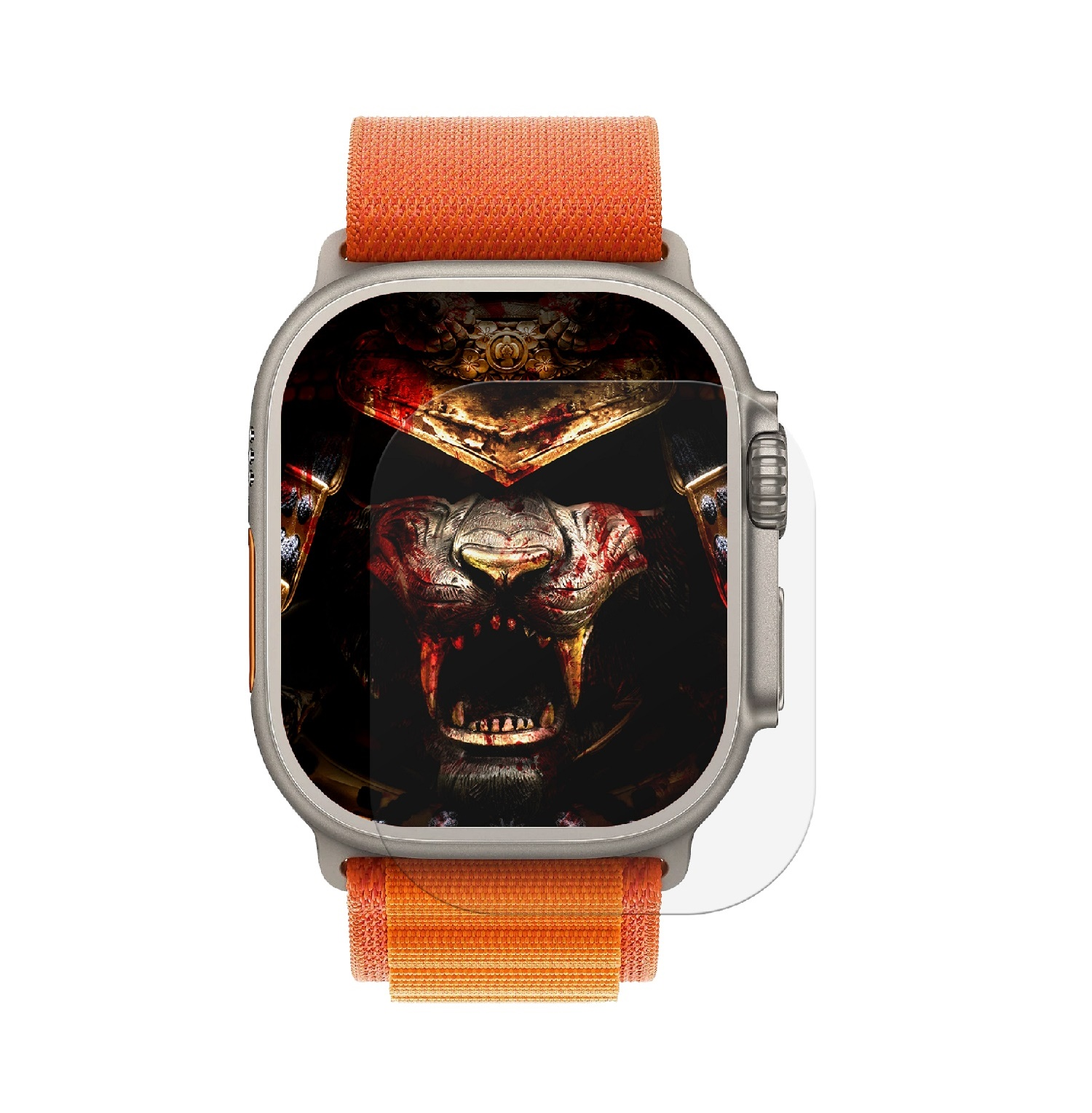 Smartwatch mit orangefarbenem Armband, Monstergesicht auf dem Bildschirm. Silbernes Gehäuse.