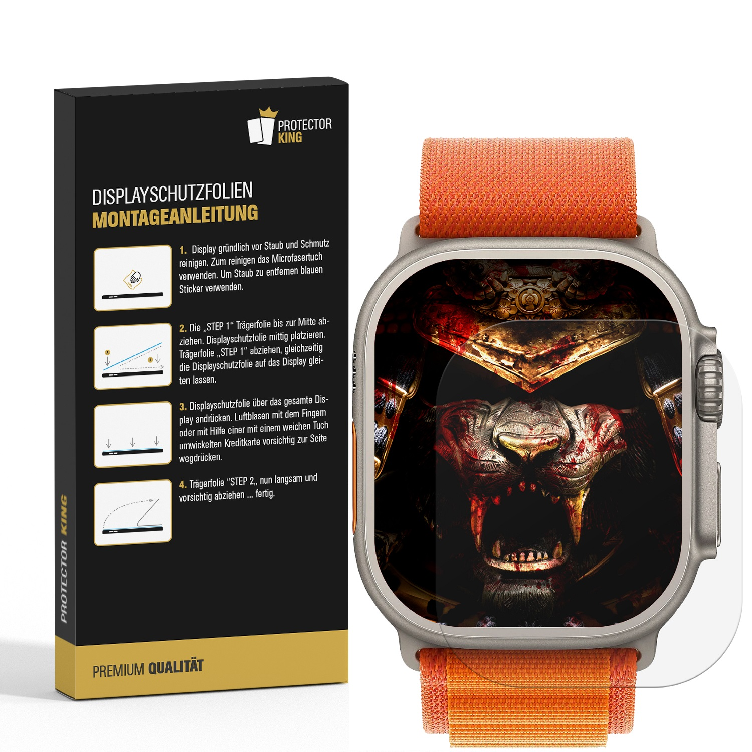 Apple Watch Displayschutzfolie mit Anleitung, klarer Folie und Uhrenarmband.