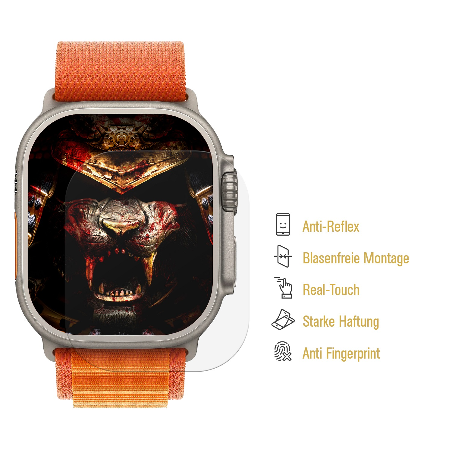 Ein orangefarbenes Uhrenarmband mit einem Displayschutz auf einer Smartwatch, die ein Kriegergesicht zeigt.
