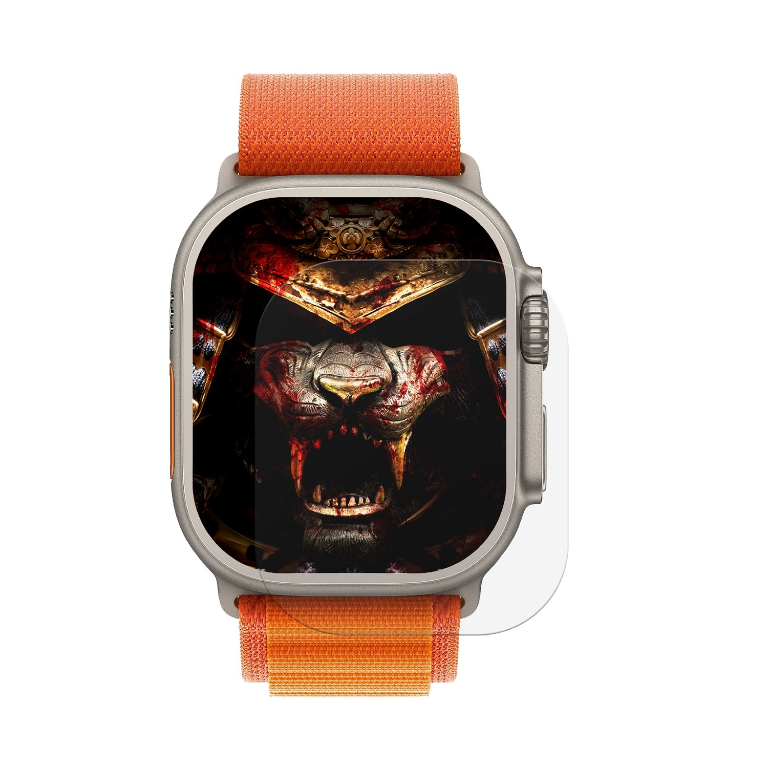 Eine Uhr mit orangefarbenem Armband und einem gruseligen Löwengesicht auf dem Display.