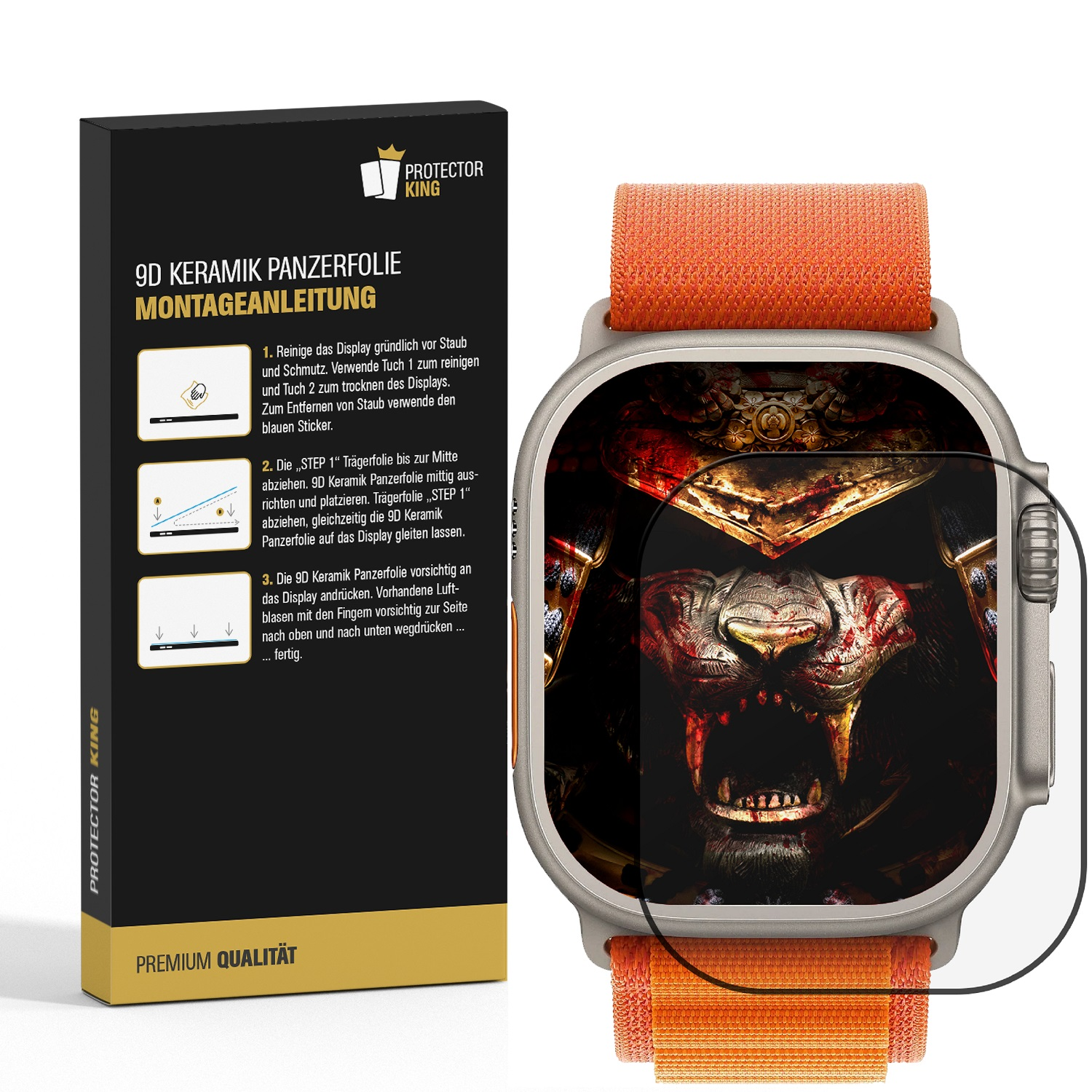 Eine Smartwatch am Handgelenk, mit Displayschutzfolie und einer Box, die Installationsschritte zeigt.