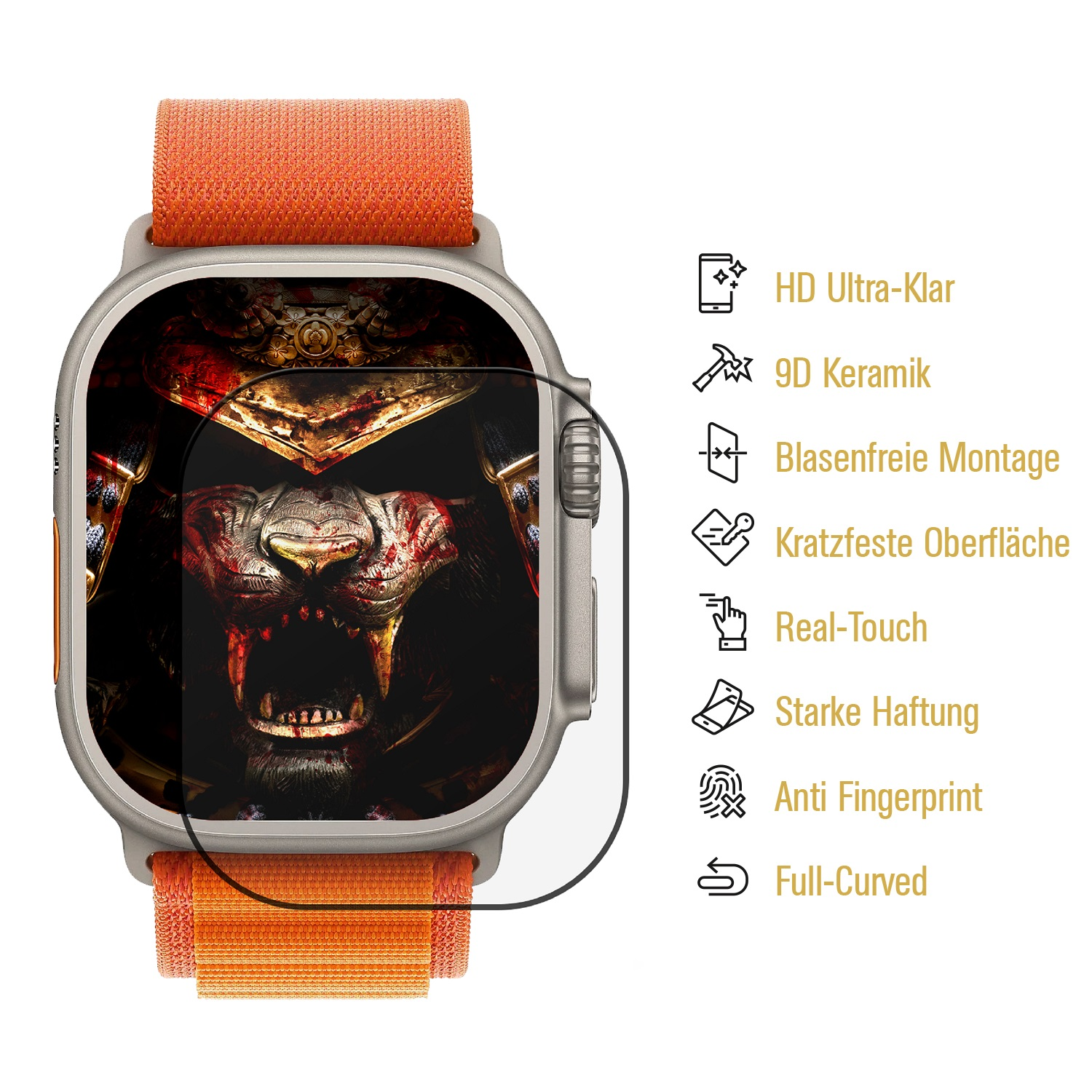 Smartwatch mit orangefarbenem Armband und Displayschutzfolie mit Löwengesicht.