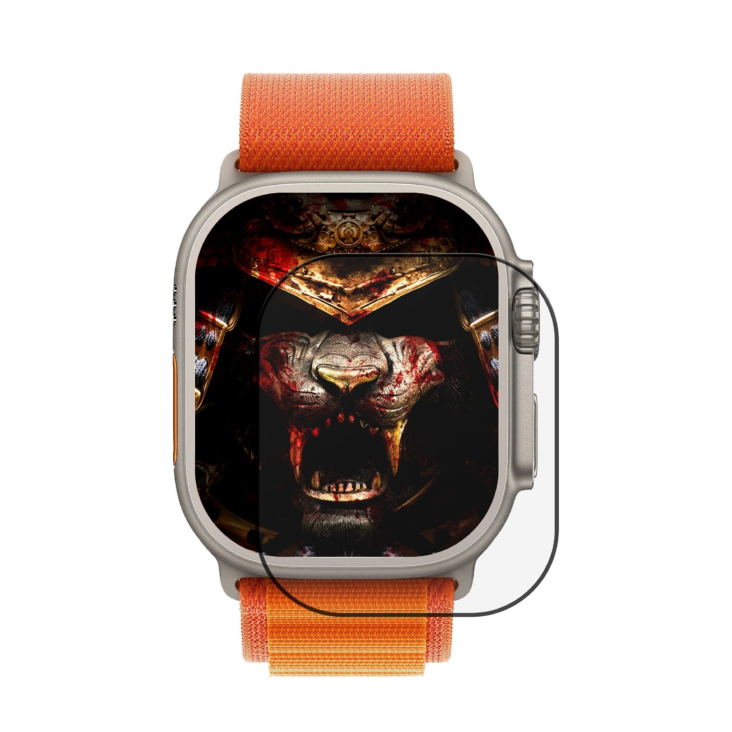 Smartwatch mit Samurai-Gesicht auf dem Display, orangefarbenes Armband. Weißer Hintergrund.
