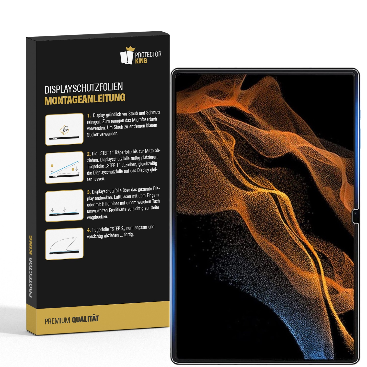 Eine Box mit Anweisungen und einem Tablett-Displayschutz. Der Schutz wird auf ein Tablet aufgetragen. Die Box hat Text.