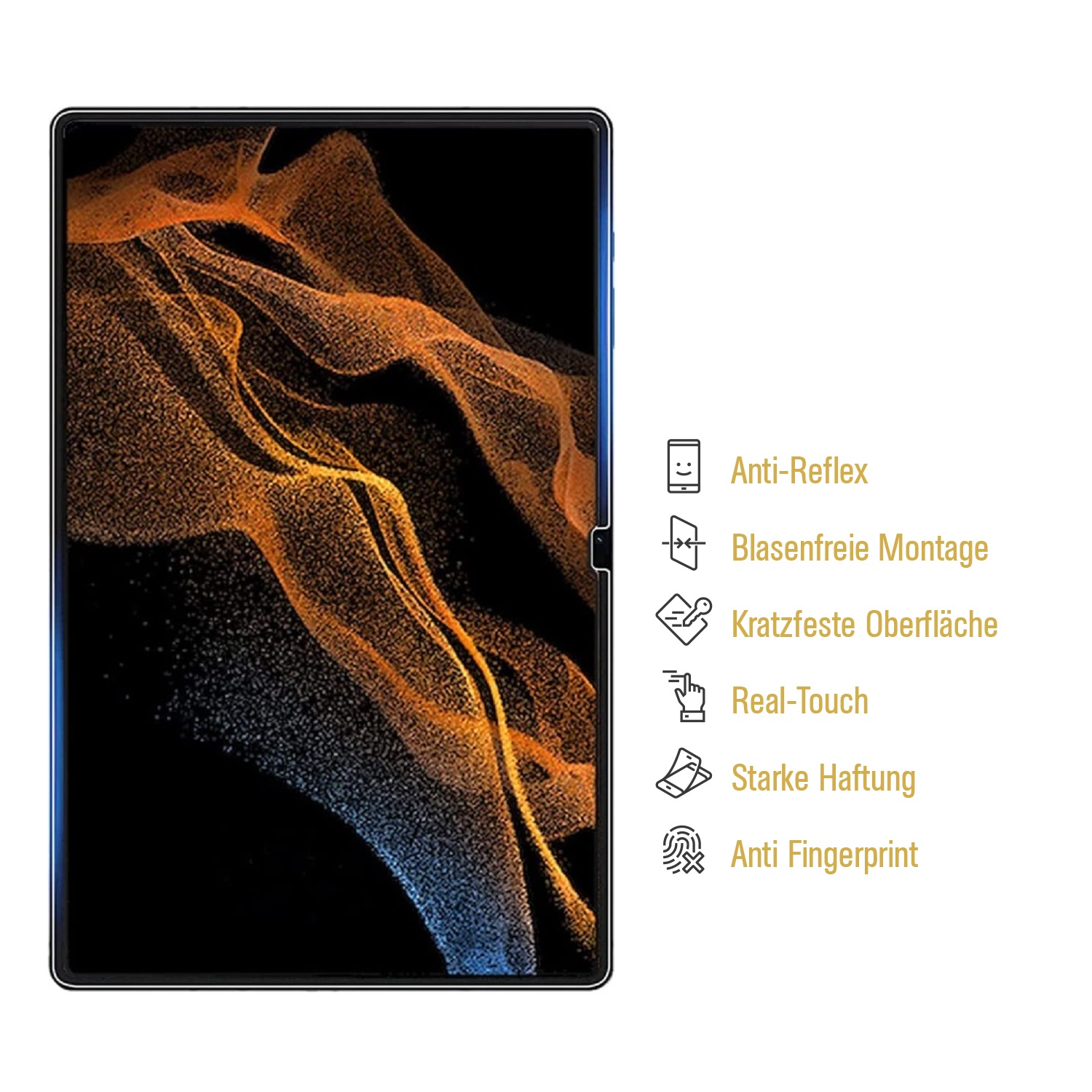Ein Displayschutz mit Symbolen für Blendschutz, einfache Installation und Anti-Fingerabdruck.