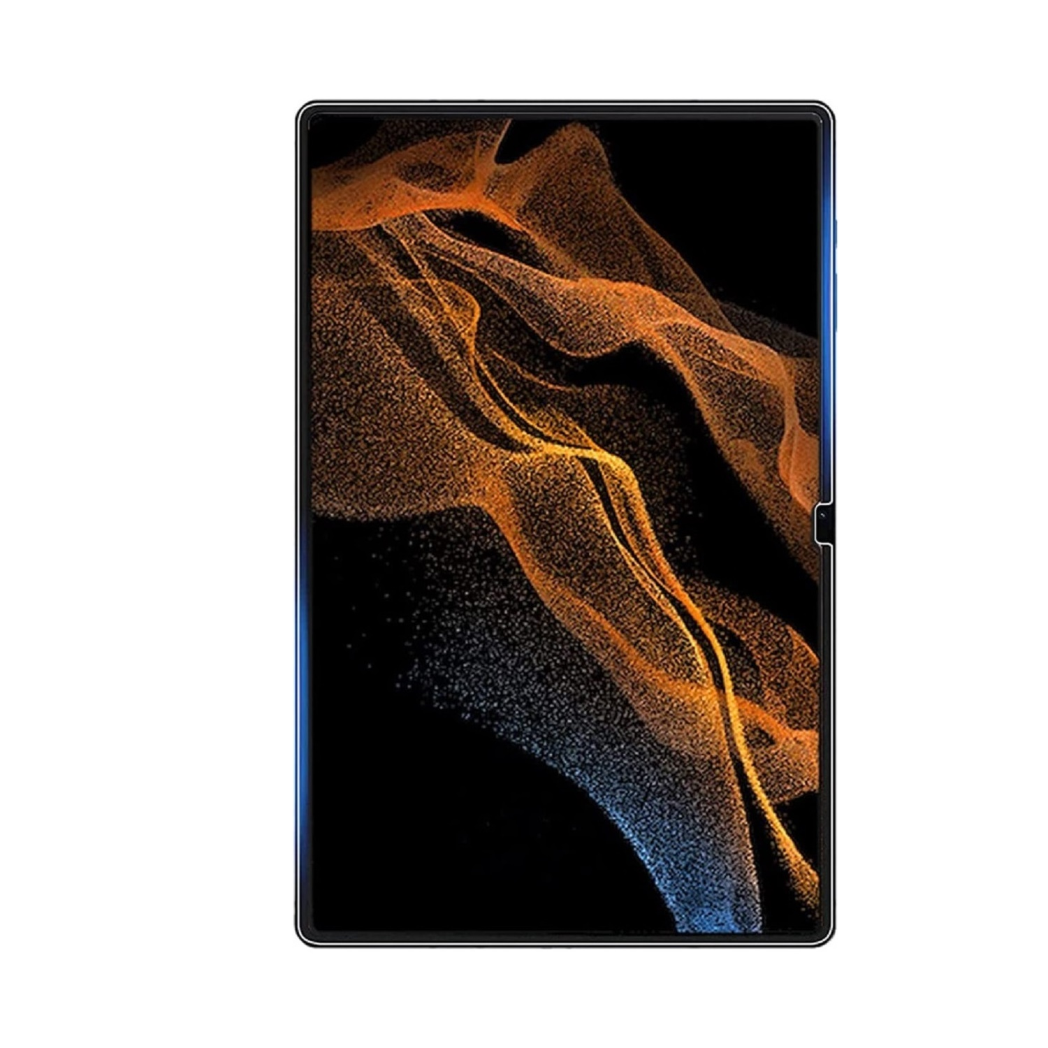 Tablet mit schwarzem Rahmen und abstraktem Design auf dem Bildschirm.