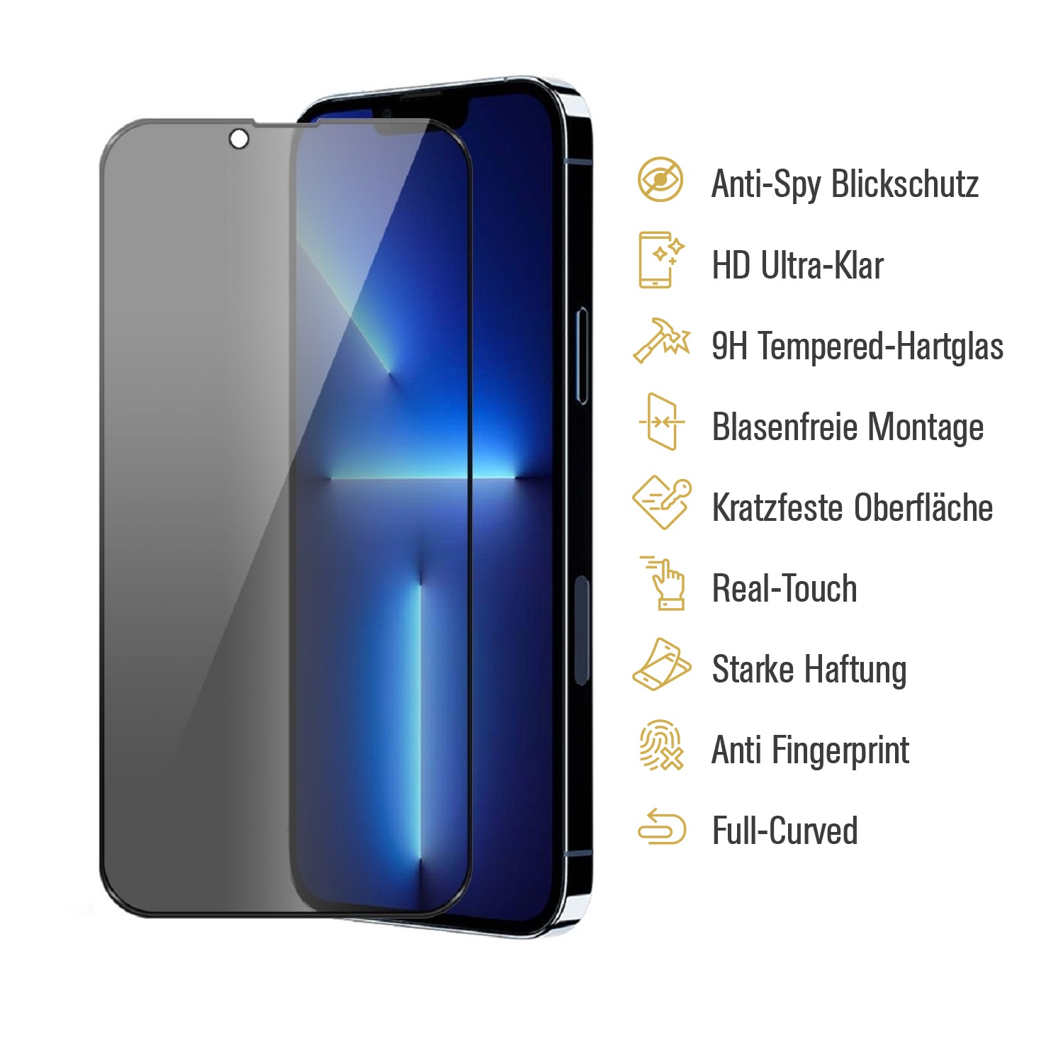 Ein Smartphone mit Displayschutz und eine Liste von Funktionen auf Deutsch. Anti-Spionage, HD Ultra-klar usw.