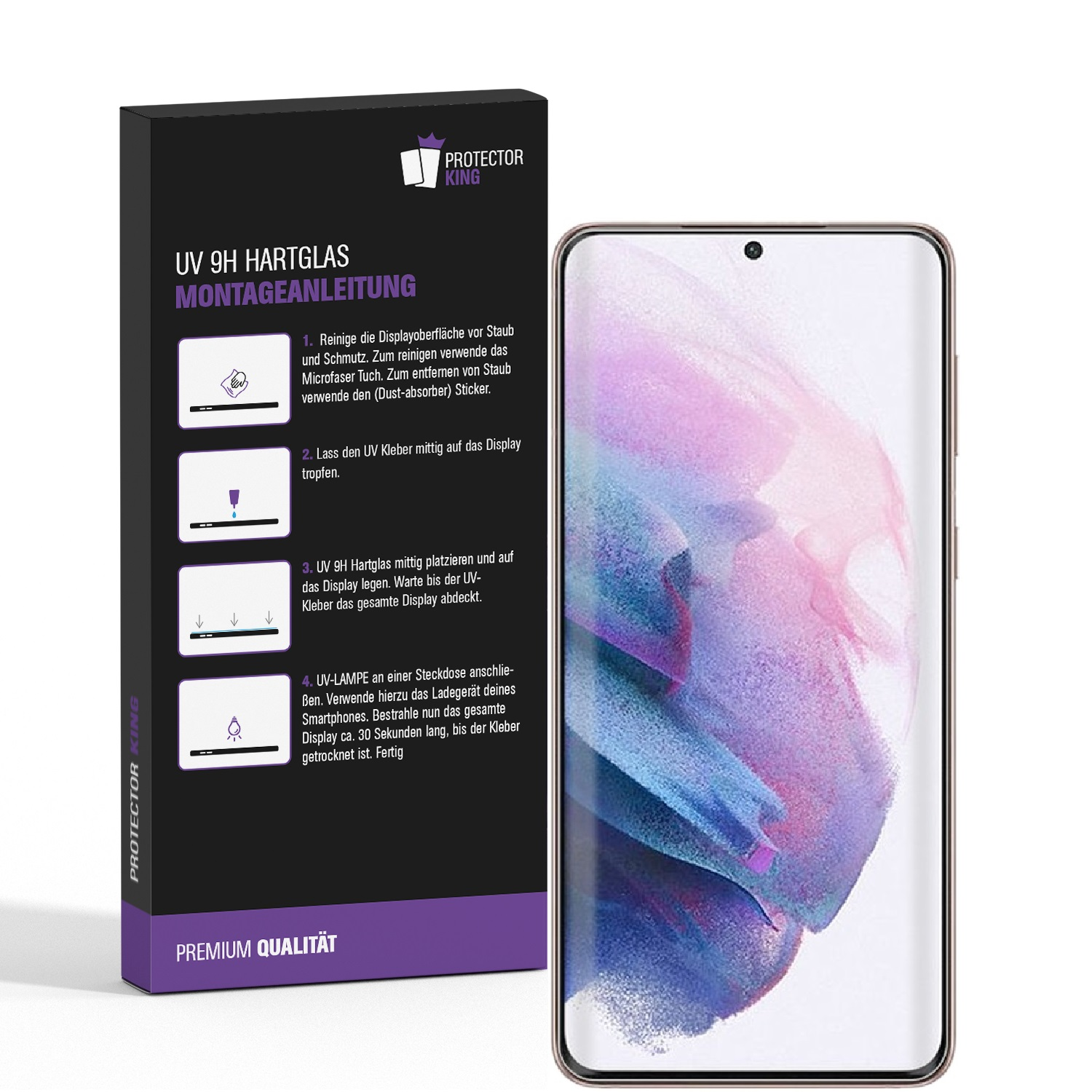 Displayschutzfolien-Kit mit Installationsanweisungen auf der Verpackung.