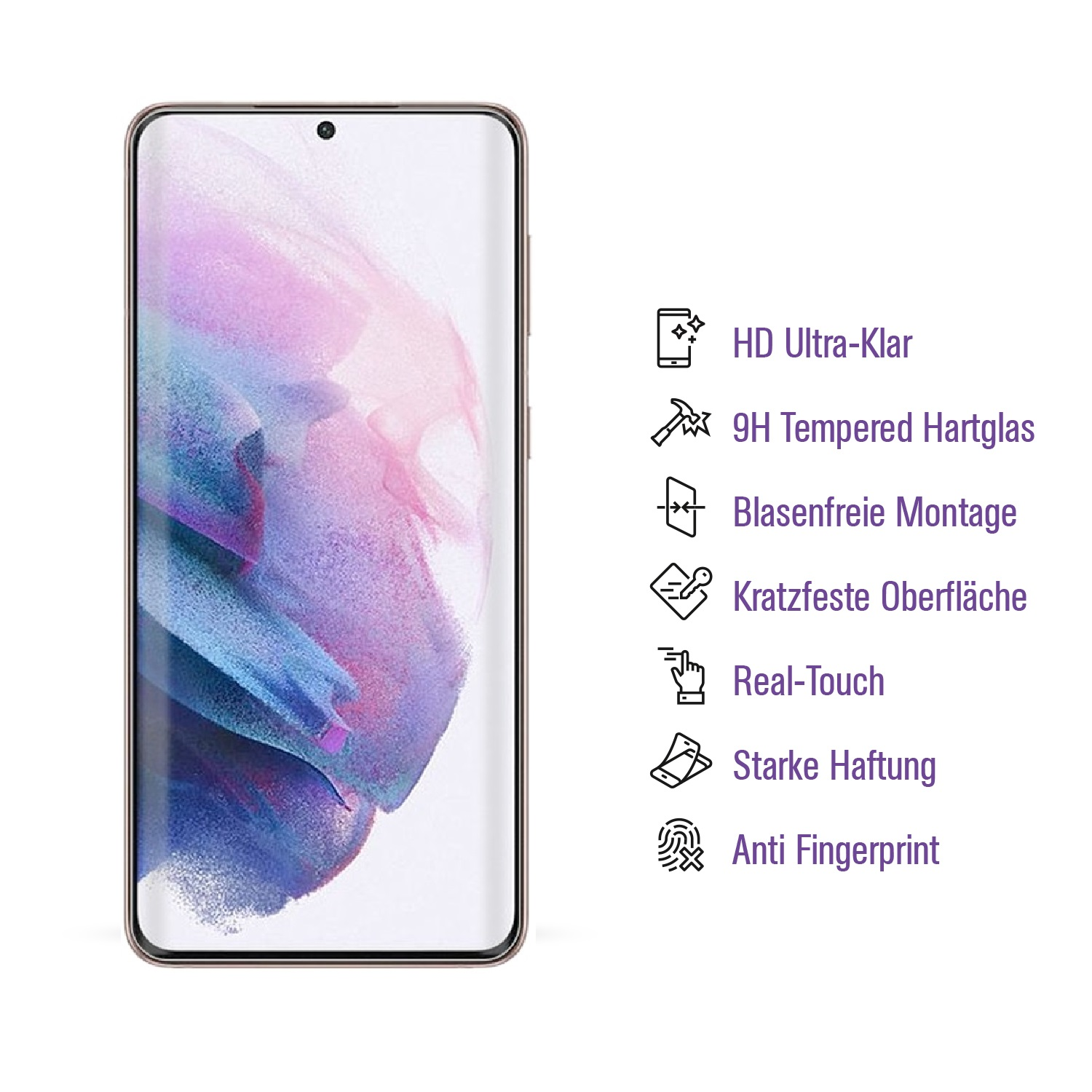 Ein Telefon mit Displayschutz, das Telefon- und Schutzsymbole auf Weiß zeigt.