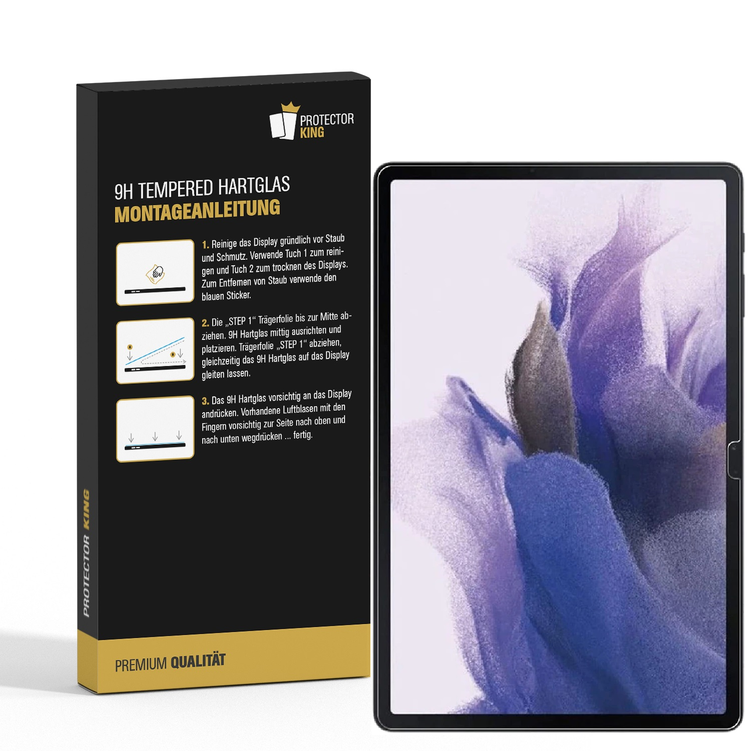 Eine schwarze Box mit dem Text '9H TEMPERED HARTGLAS MONTAGEANLEITUNG' und ein Tablet.