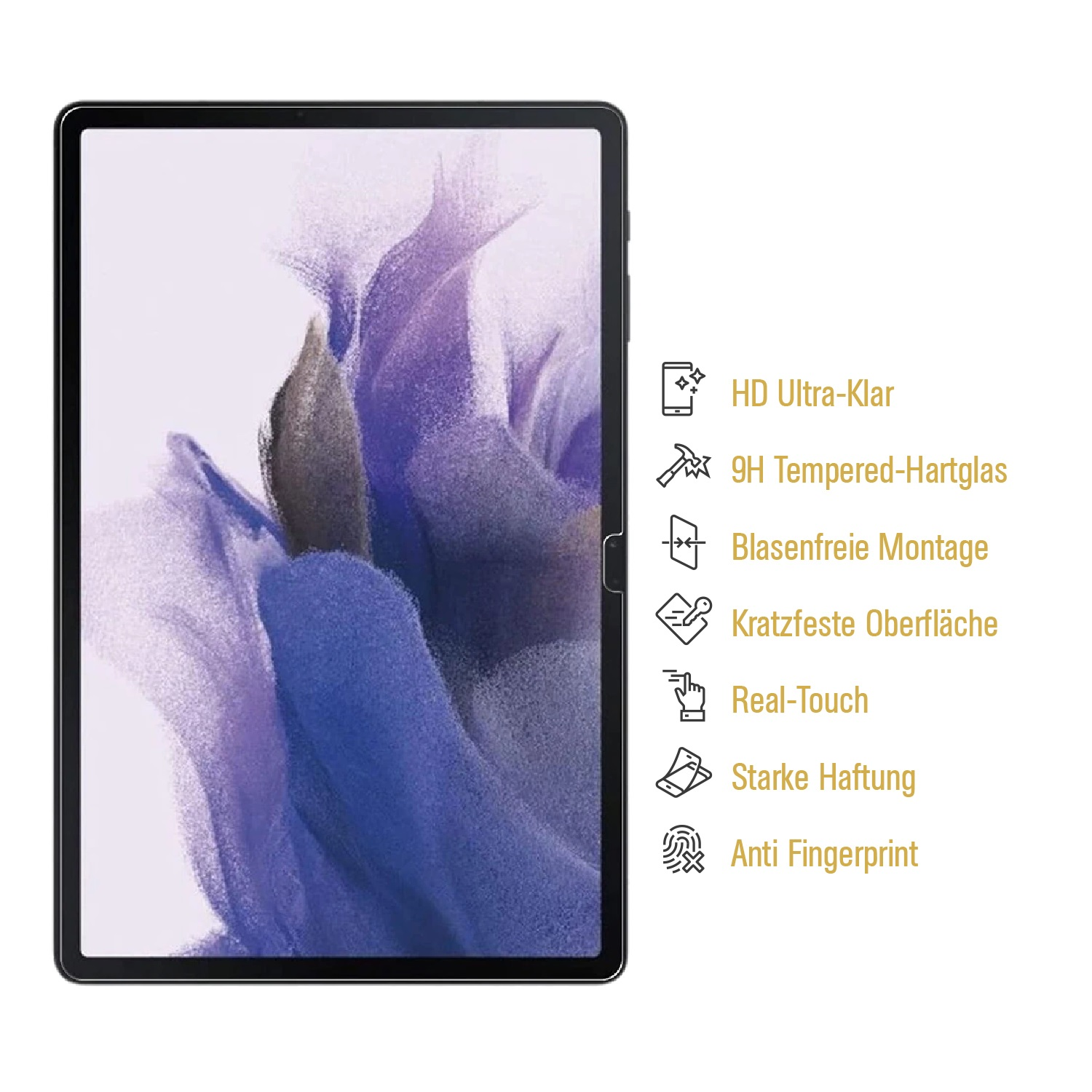 Ein Tablet-Bildschirm mit lila und weißem Blumendesign und einer Liste von Funktionen auf der rechten Seite.