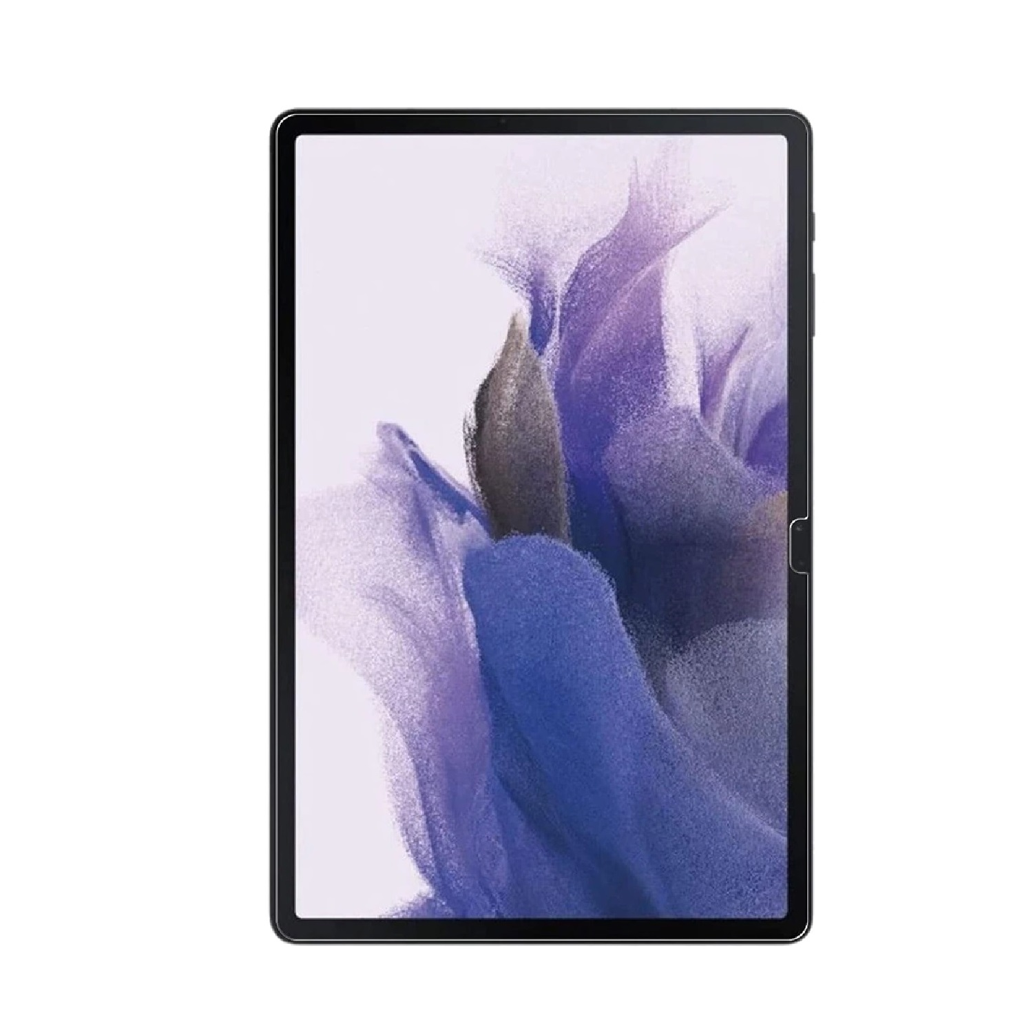 Schwarzes Tablet mit Stift auf dem Bildschirm. Anzeige zeigt violette, abstrakte Formen. Wei ßer Hintergrund.