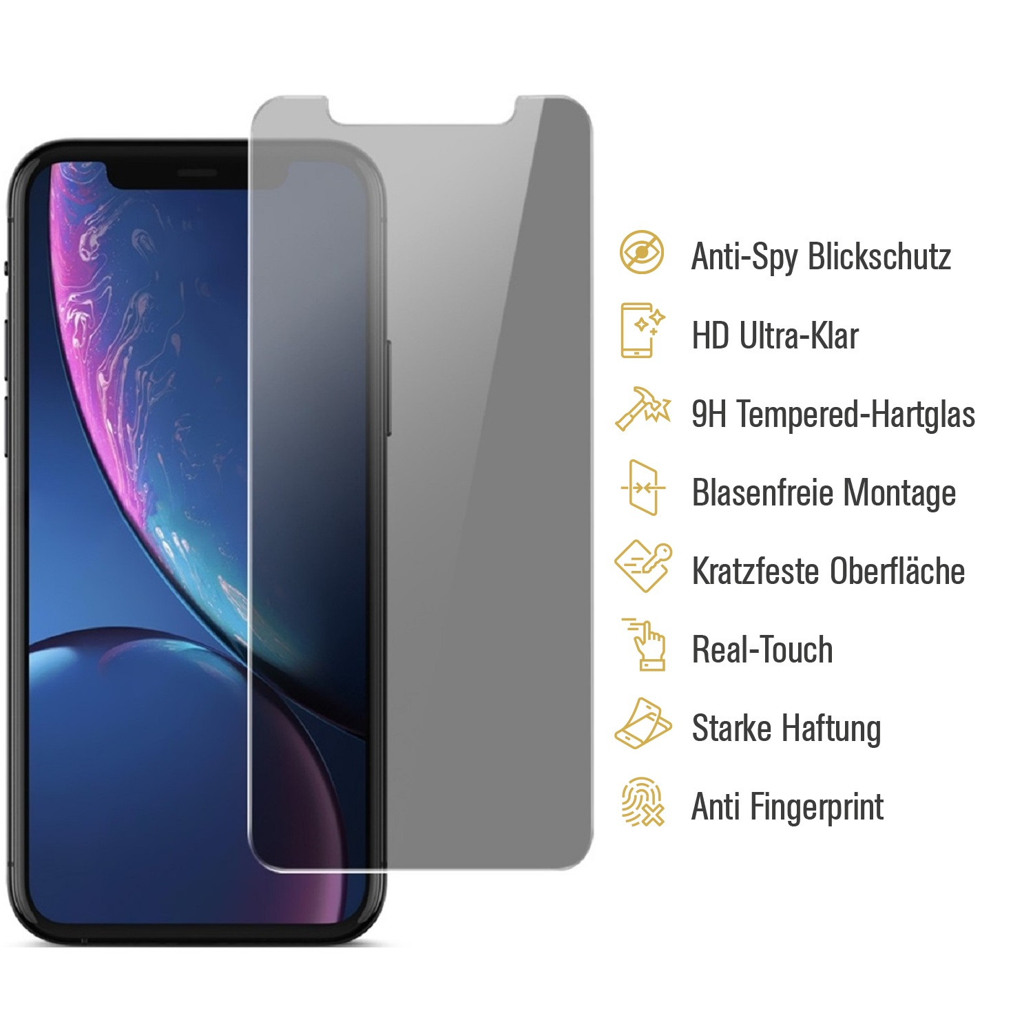 Ein Telefon mit angebrachtem Displayschutz. Symbole, die Funktionen anzeigen, befinden sich rechts vom Telefon.