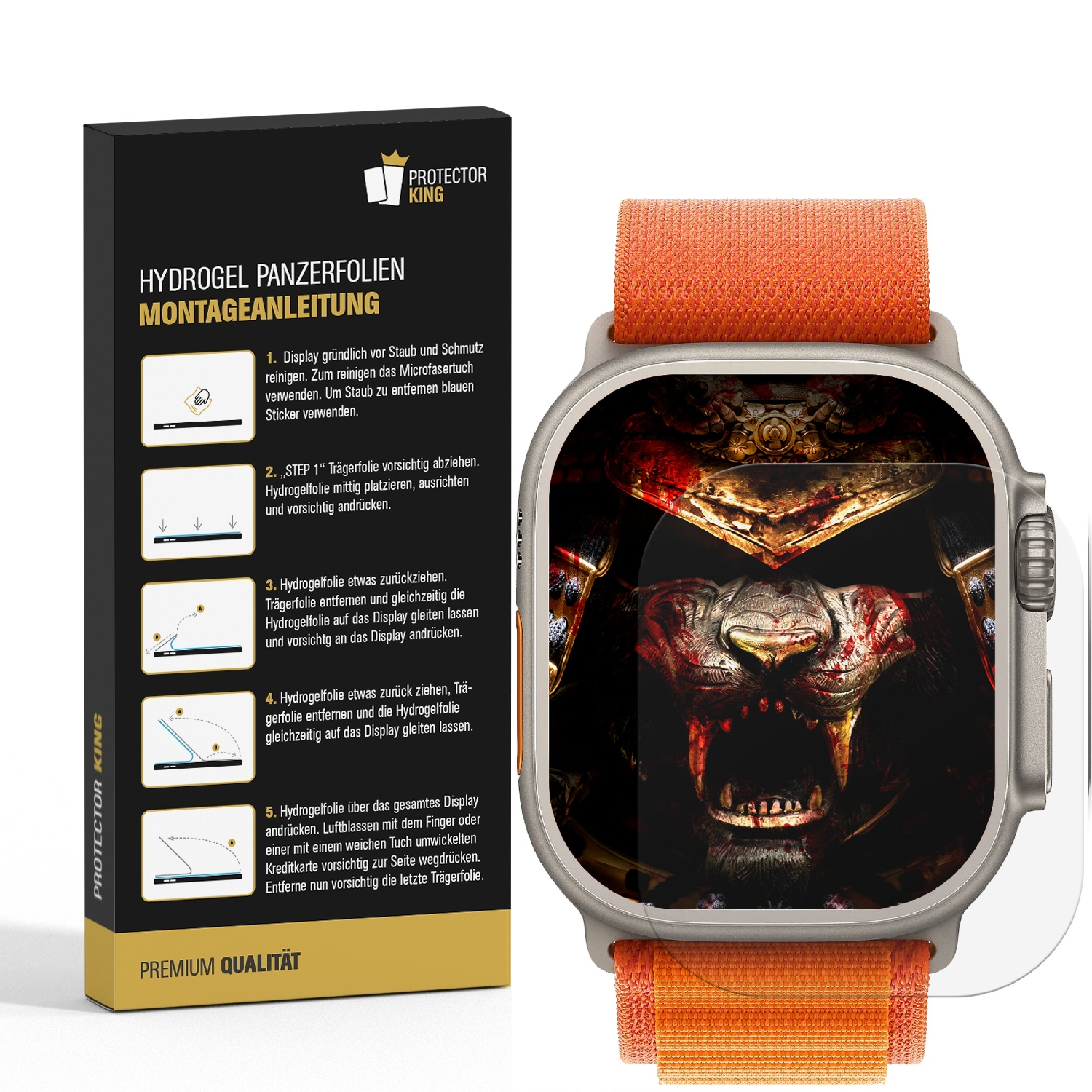 Smartwatch mit Displayschutzfolien-Anwendungskit. Rotes und oranges Uhrenarmband.