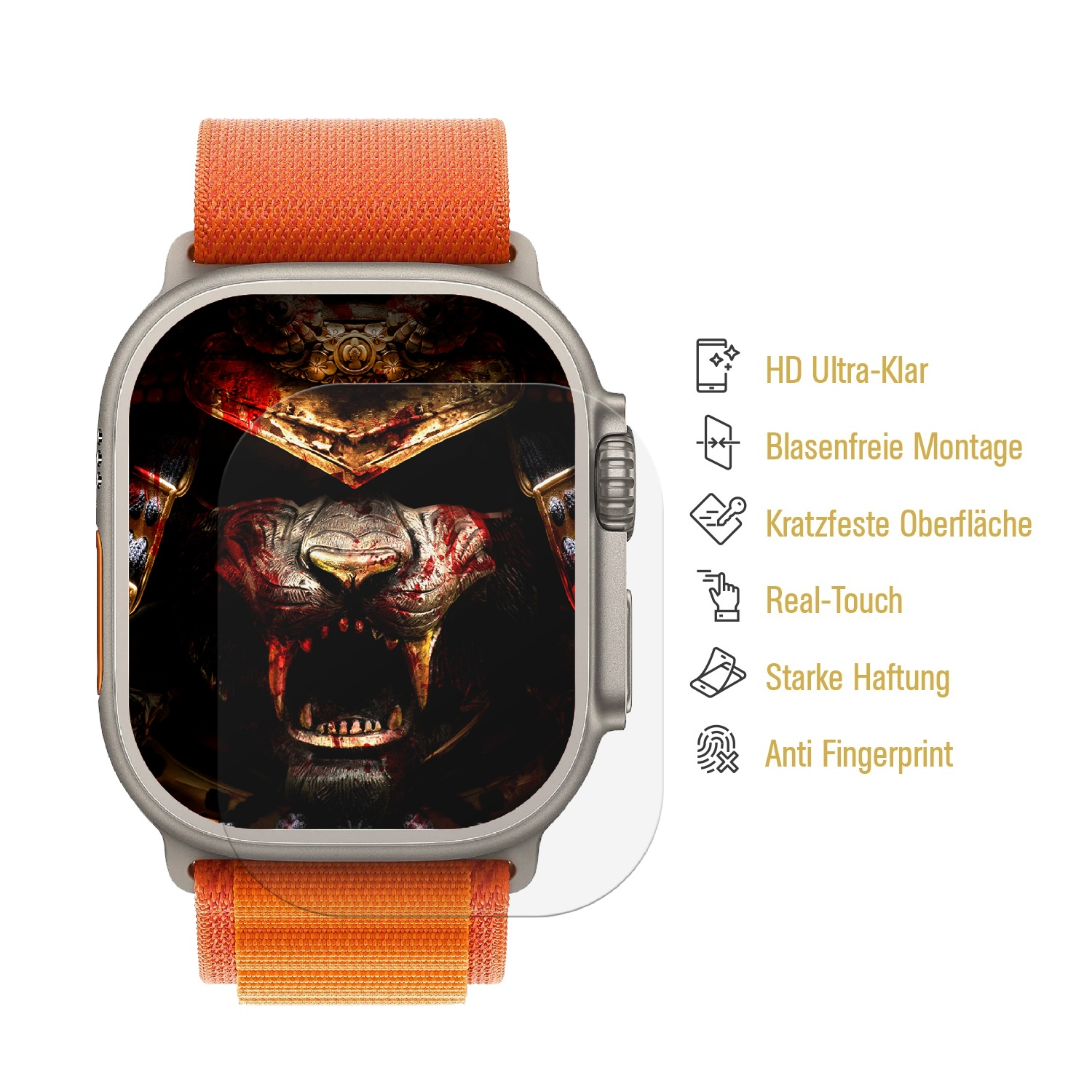 Silberne Smartwatch mit orangefarbenem Band, Schutzfolie mit brüllendem Löwengesicht und Symbolen.
