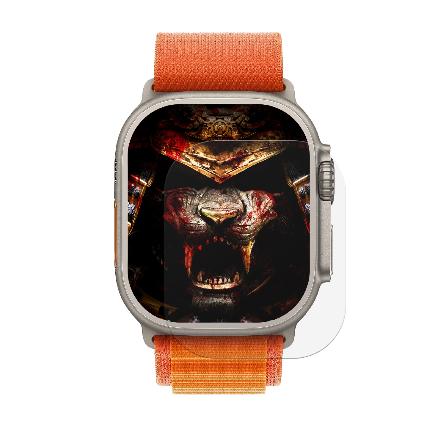 Smartwatch mit Krieger-Themen-Display und orangefarbenem Armband.
