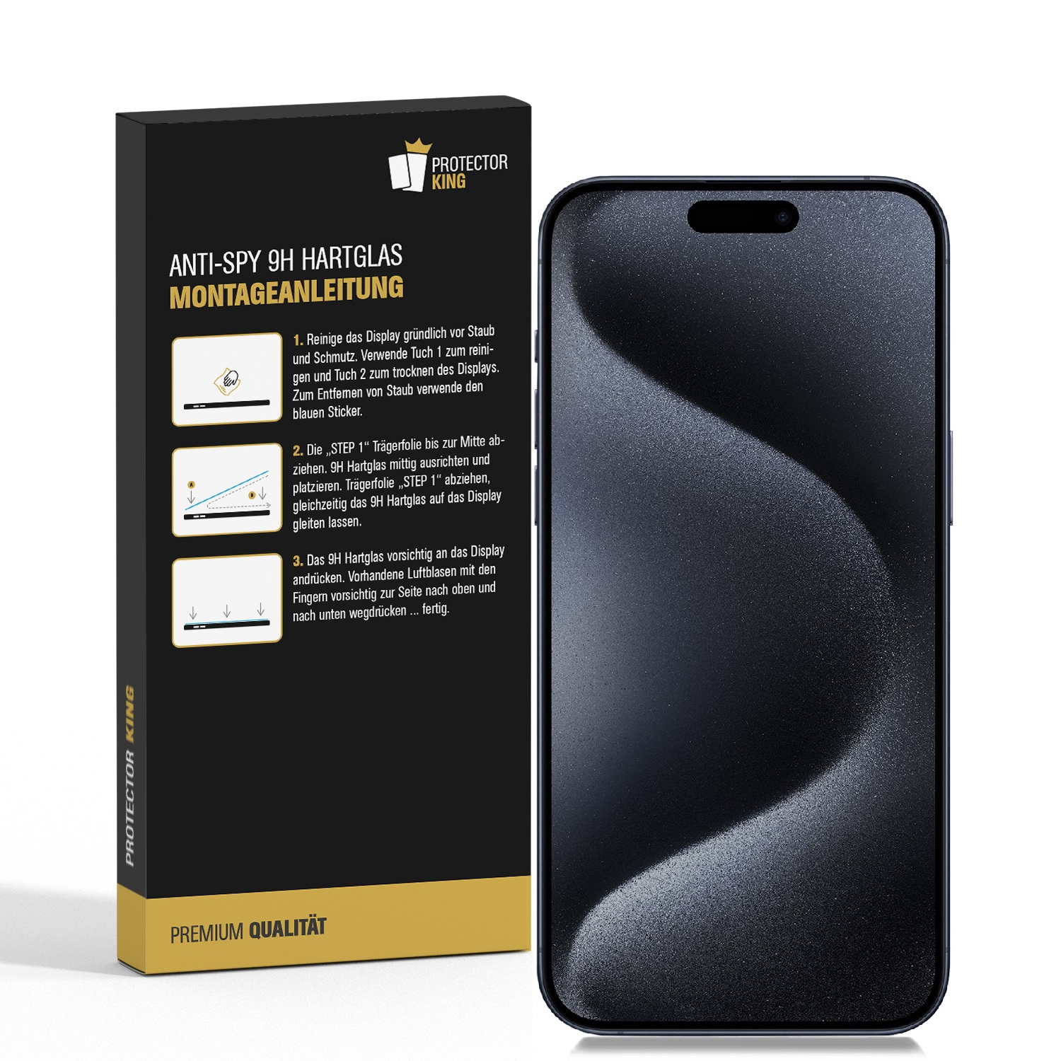 Eine Telefon-Displayschutzbox neben einem schwarzen Smartphone.