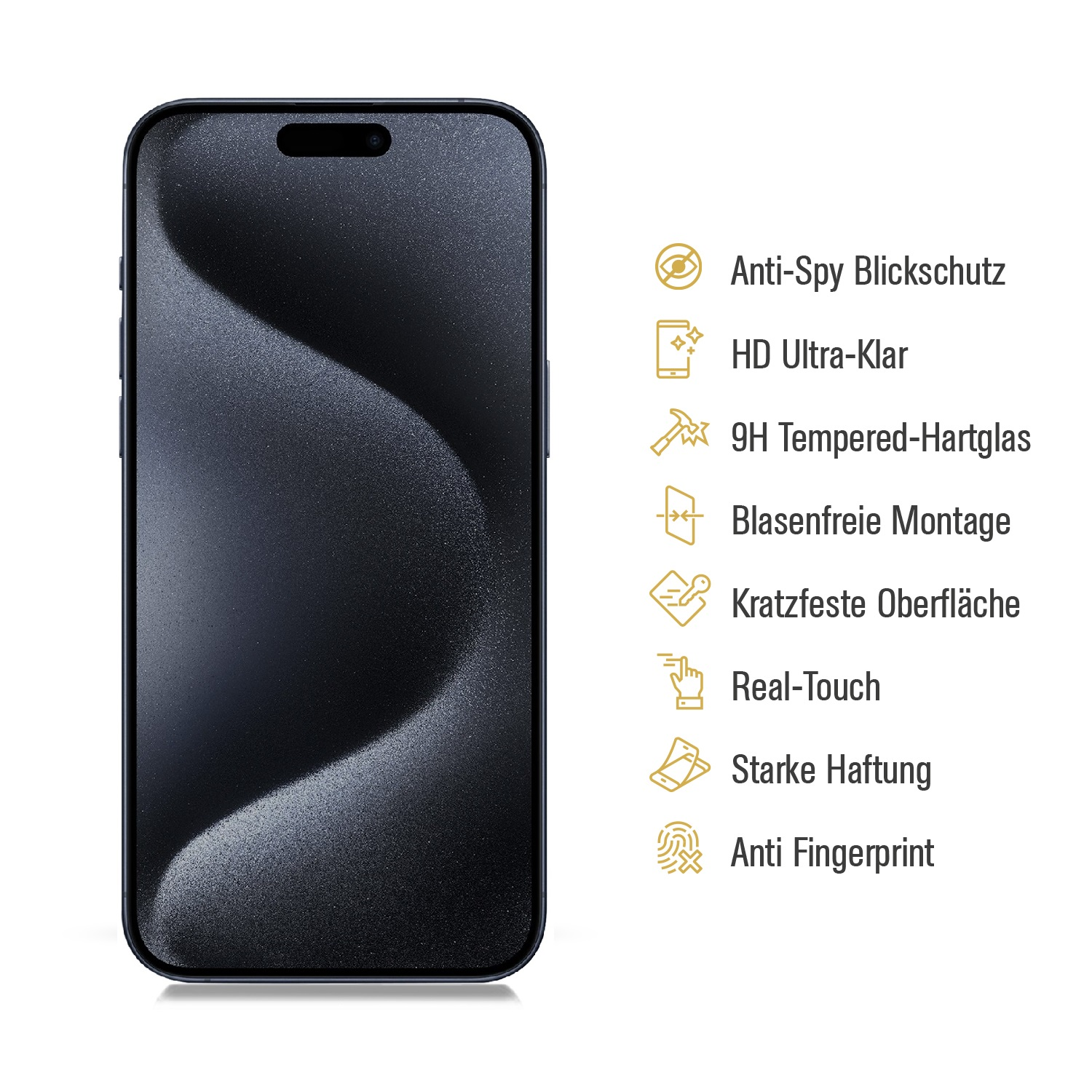 Schwarzer Smartphone-Displayschutz mit Symbolen und Text, darunter Anti-Spy und HD Ultra-Clear.