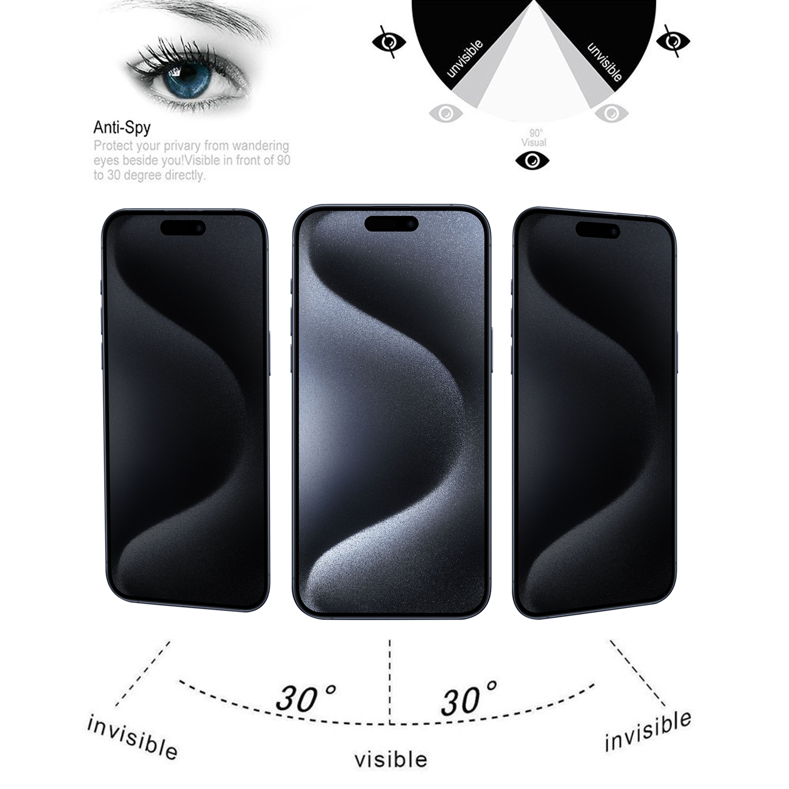 Drei schwarze Telefone zeigen Anti-Spionage-Schutz. Diagramm erklärt.