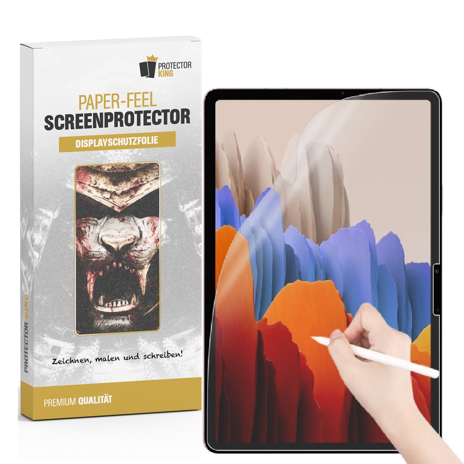 Tablet mit Displayschutz und Verpackung. Eine Hand benutzt einen Stift auf dem Tablet. Tablet-Bildschirm zeigt ein Bild.