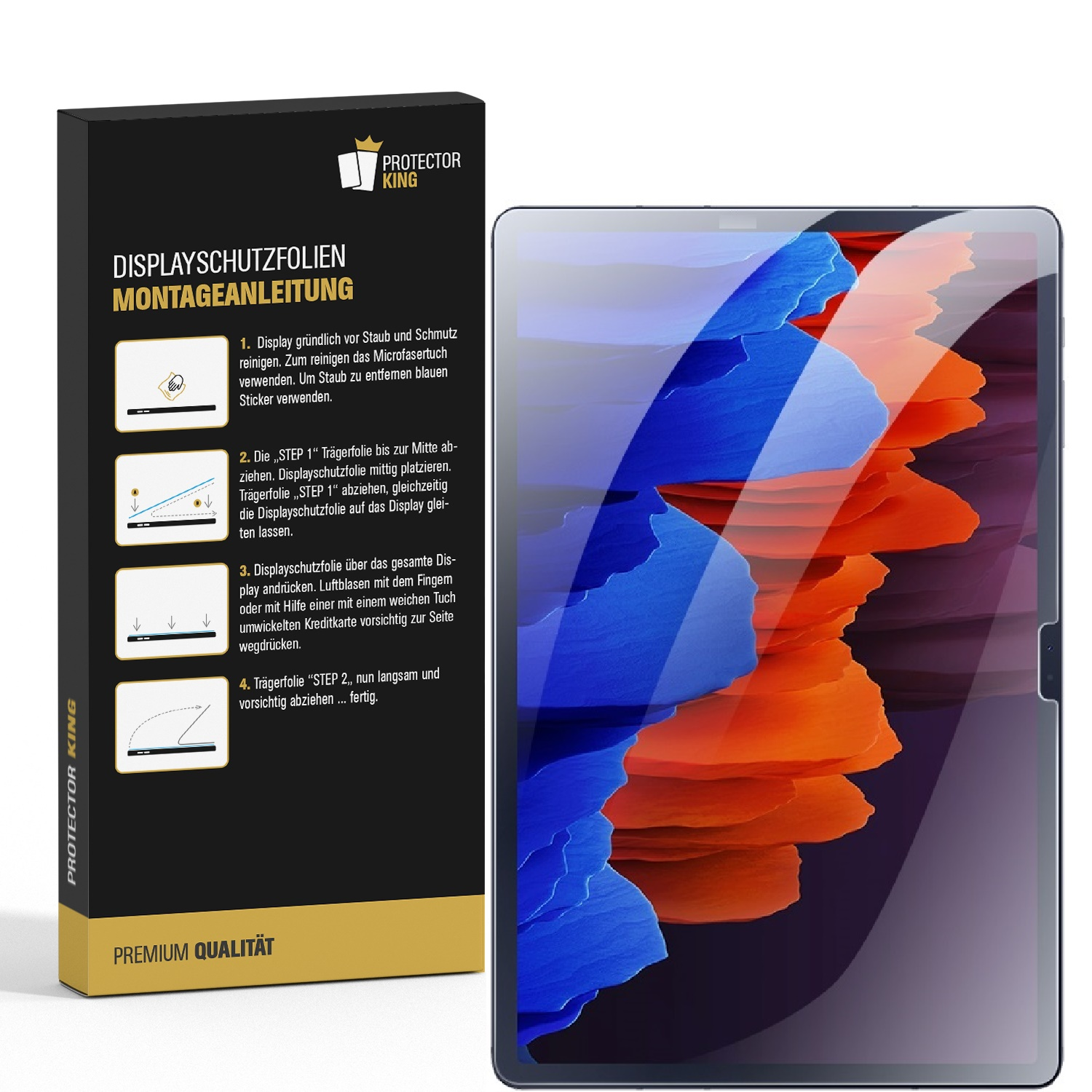 Ein Tablet mit einer Anleitung zur Anbringung des Displayschutzes und einer Box mit Displayschutzfolien.