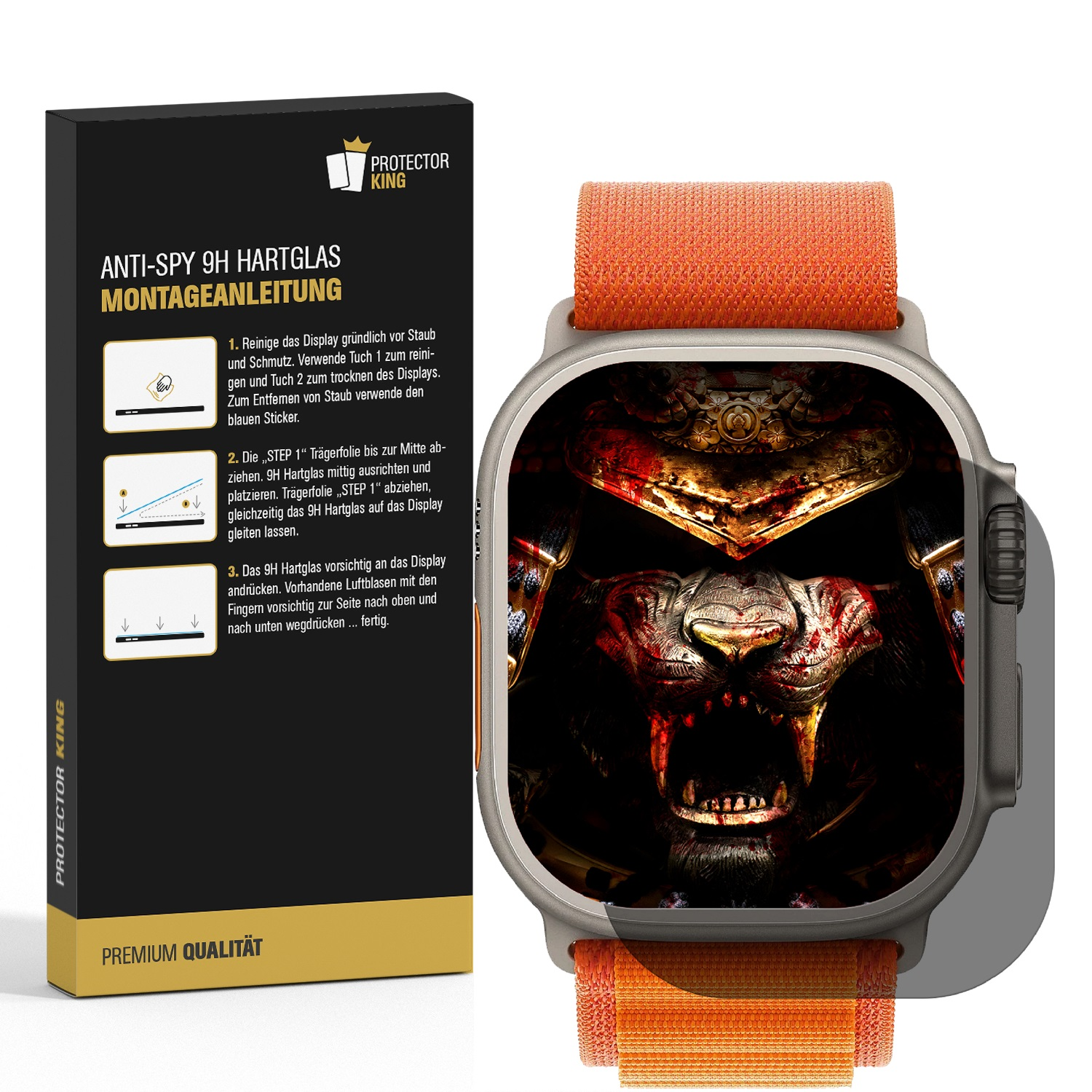 Uhr-Displayschutz-Kit mit Anweisungen und einer Uhr.