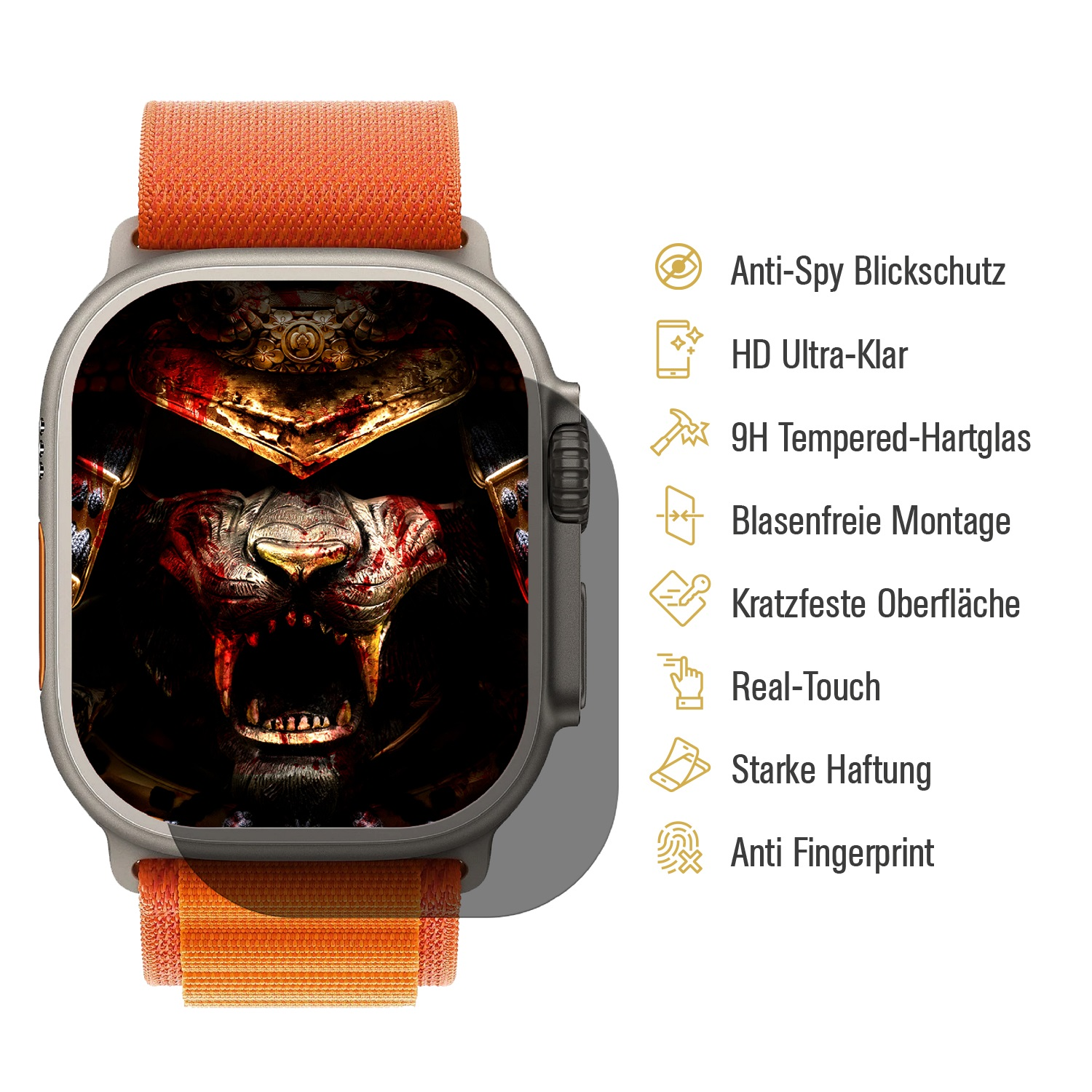 Eine Smartwatch mit orangefarbenem Armband, mit Details zu den Funktionen und Vorteilen.