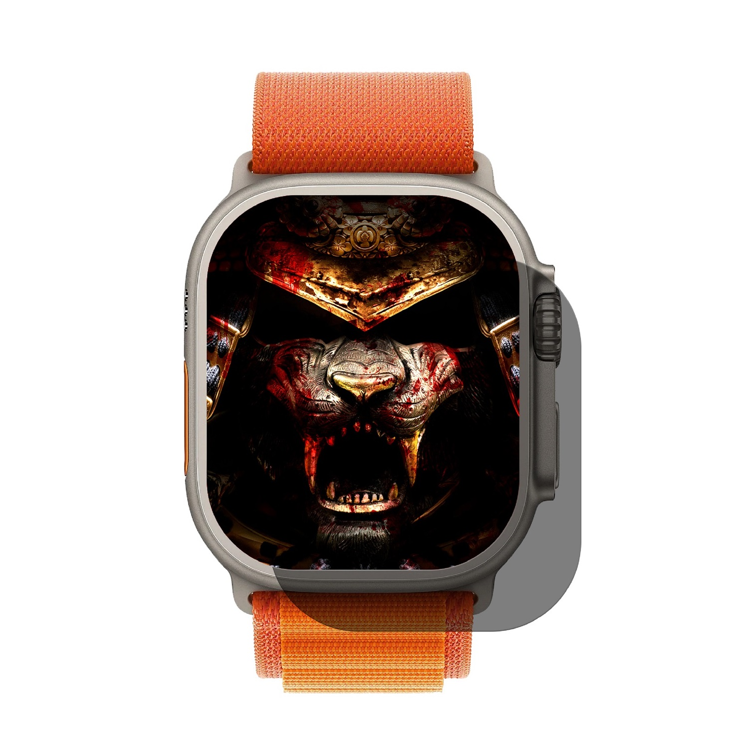 Smartwatch mit orangefarbenem Armband, Samurai-Thema. Das Zifferblatt zeigt ein Kriegergesicht.