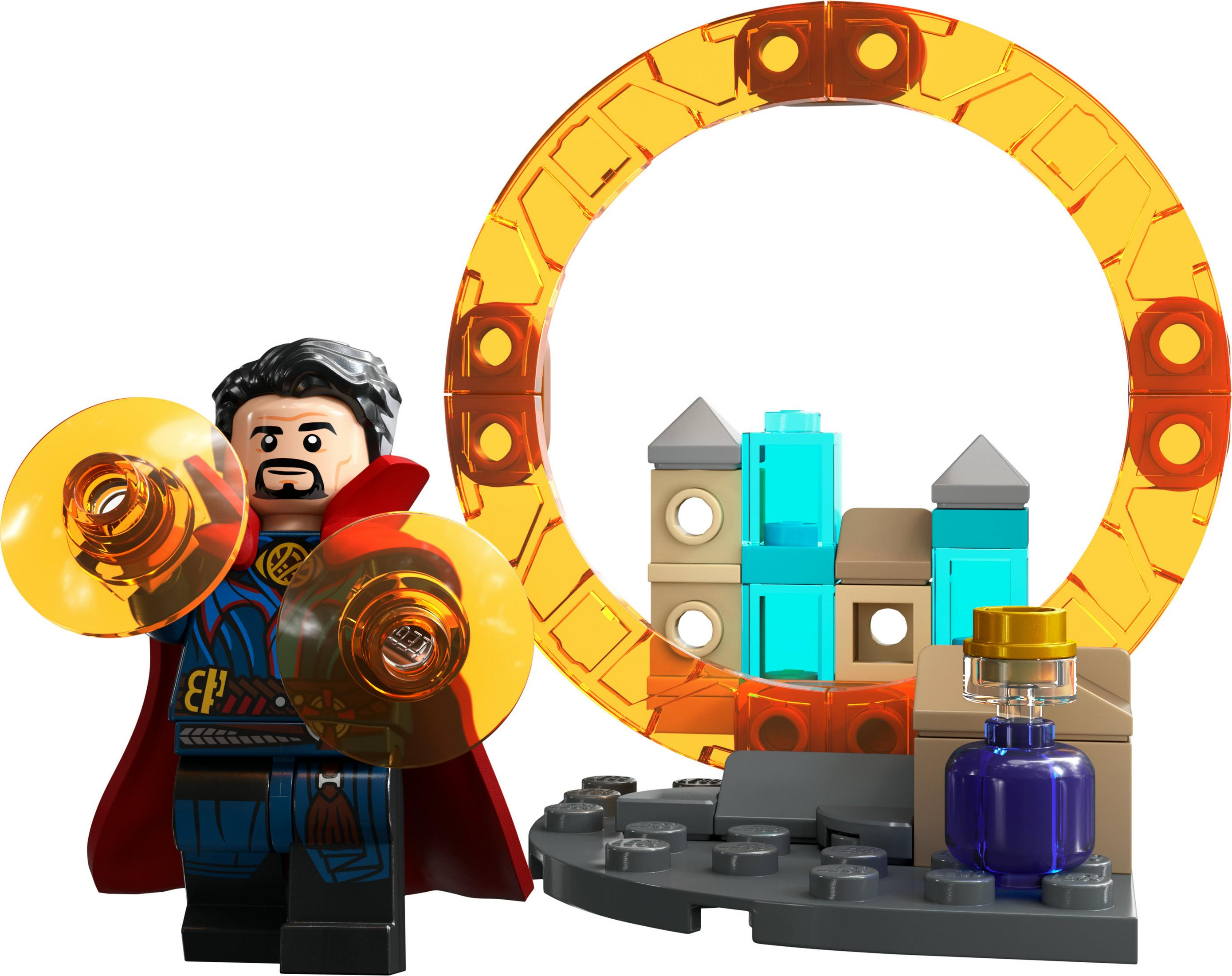 Lego Dr. Strange figuur met magische schijven en een portaal. Blauwe en gouden kleuren gebruikt.
