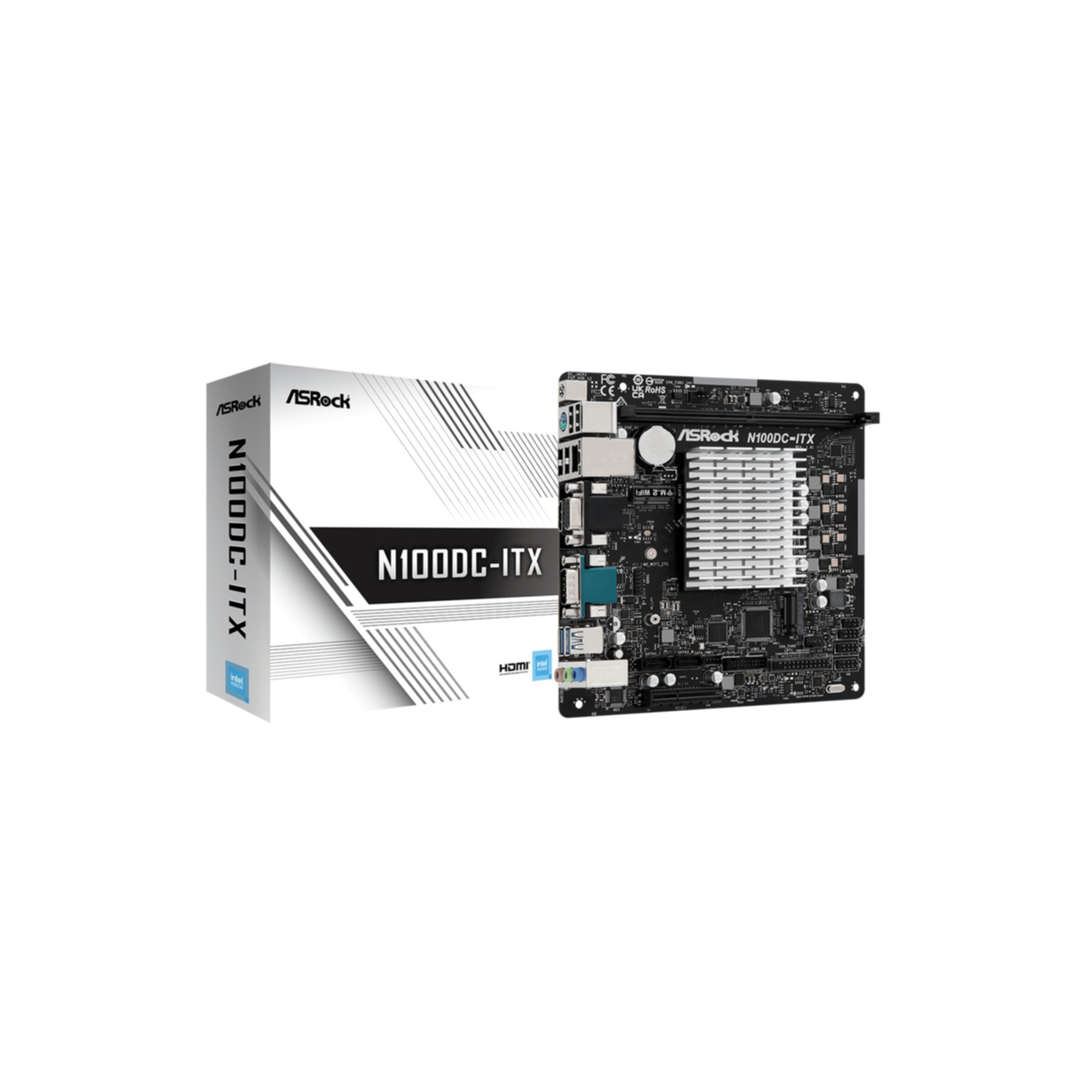 Scatola bianca e nera di una scheda madre con etichetta ASRock e una scheda madre.