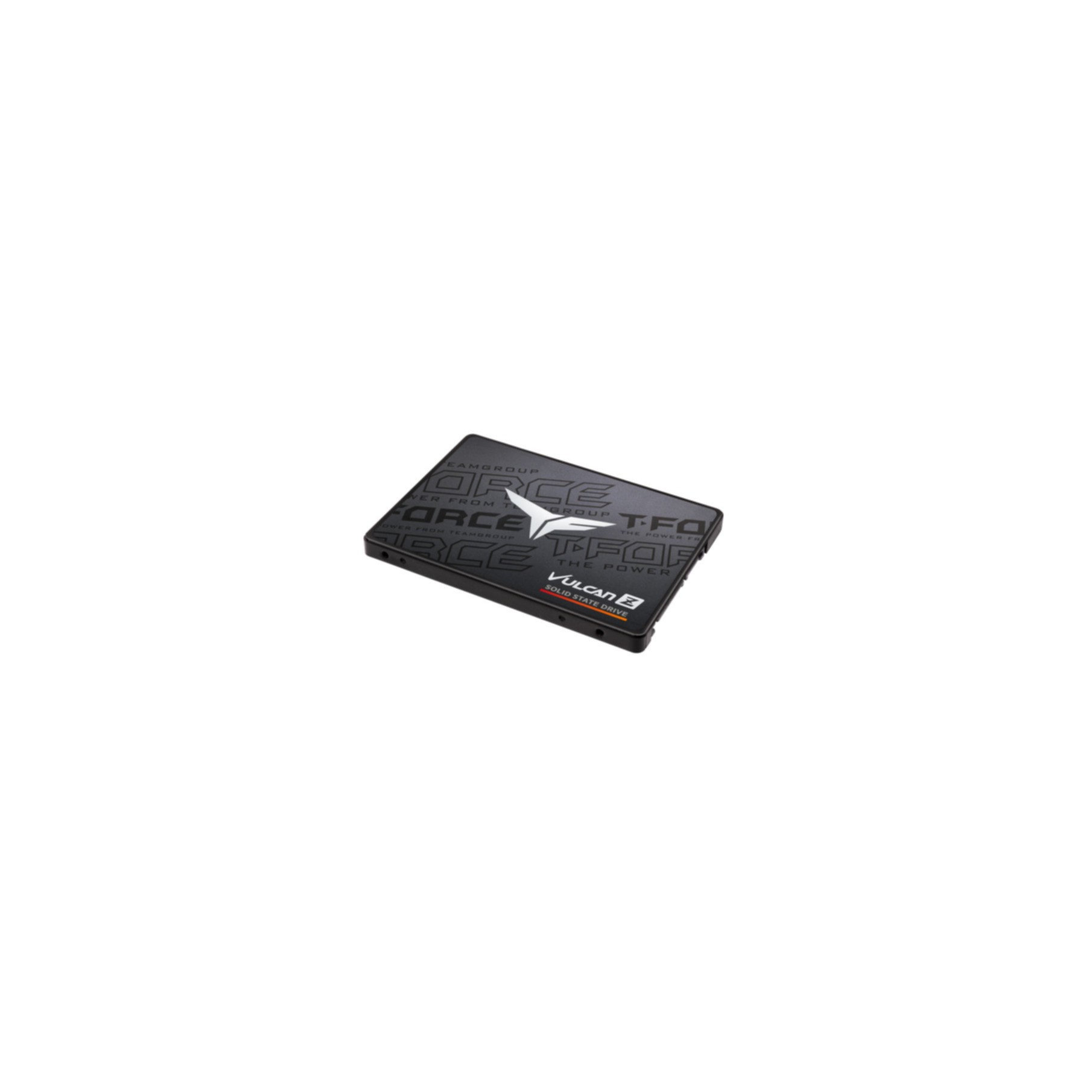 Schwarze SSD-Festplatte mit weißem und rotem Text auf weißem Hintergrund.