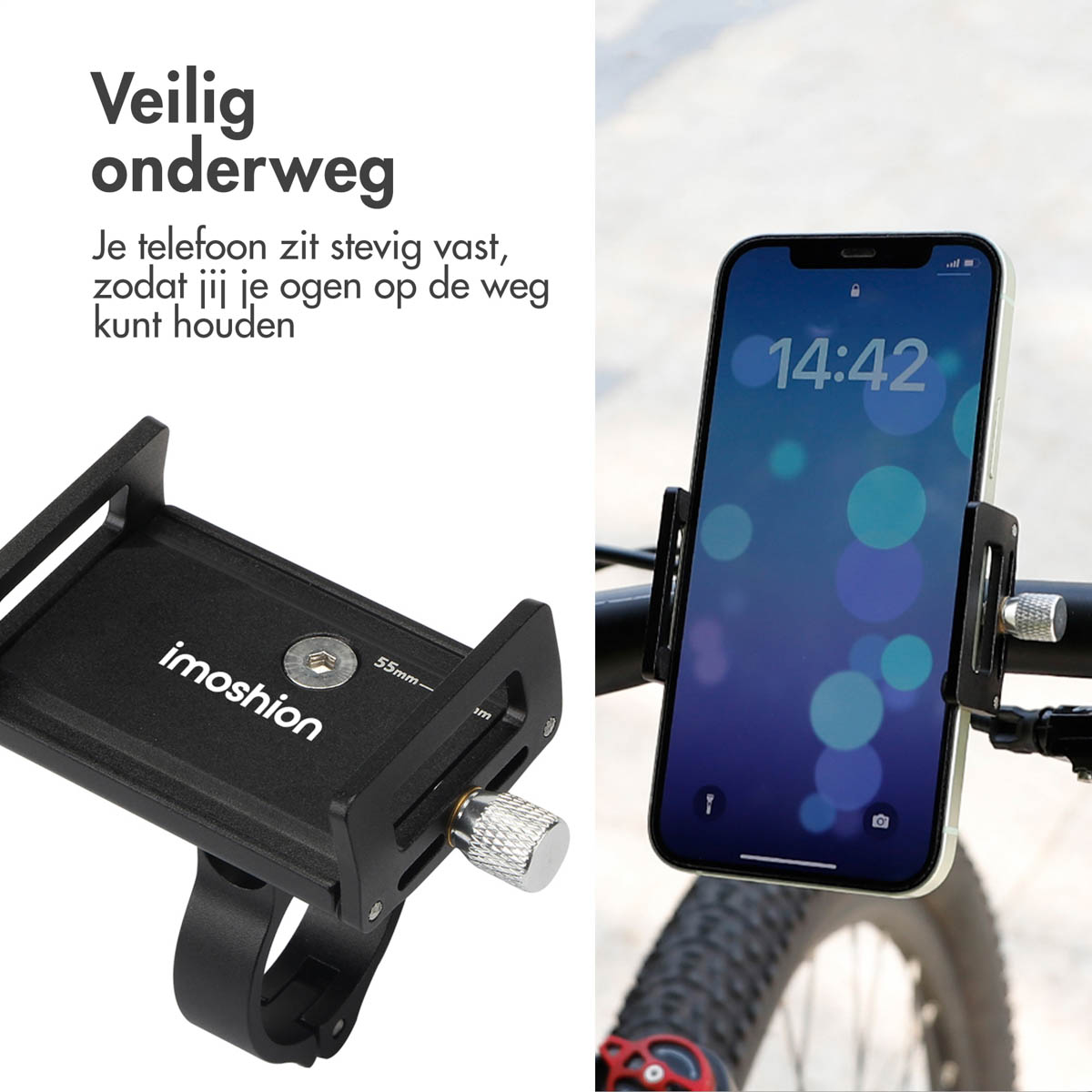 A phone mounted on a bicycle handlebar, with the phone screen showing a navigation app.
