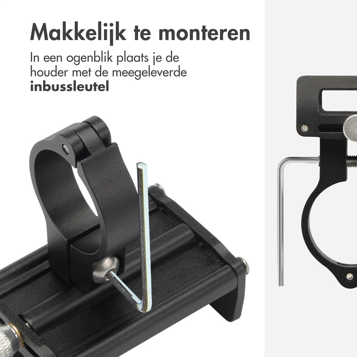 A black phone holder with an Allen wrench is being assembled.