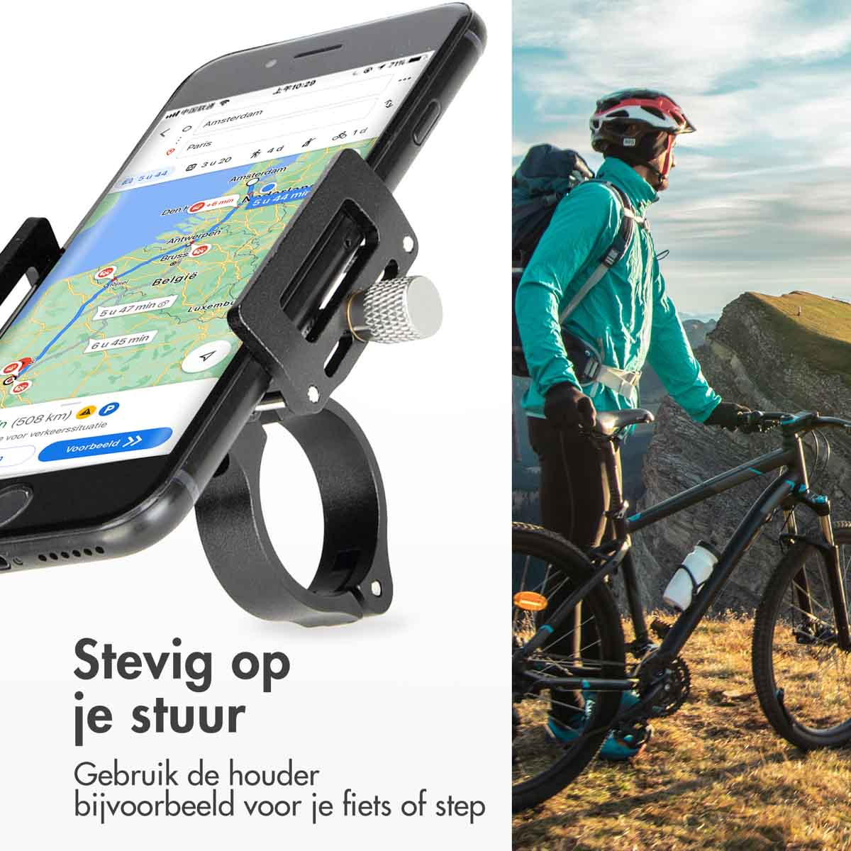 Bike mount with phone attached. A cyclist is on the right side of the image. The phone shows a map.