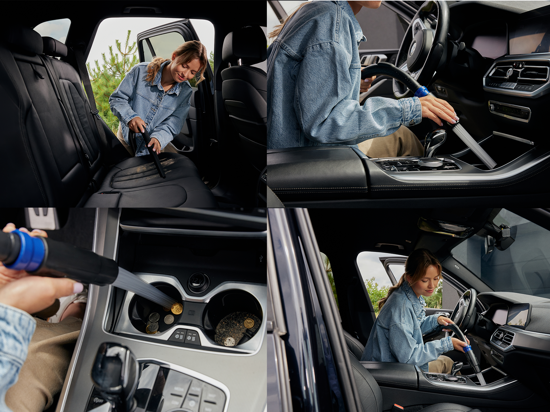 Cztery obrazy pokazujące osobę czyszczącą wnętrze samochodu odkurzaczem.
