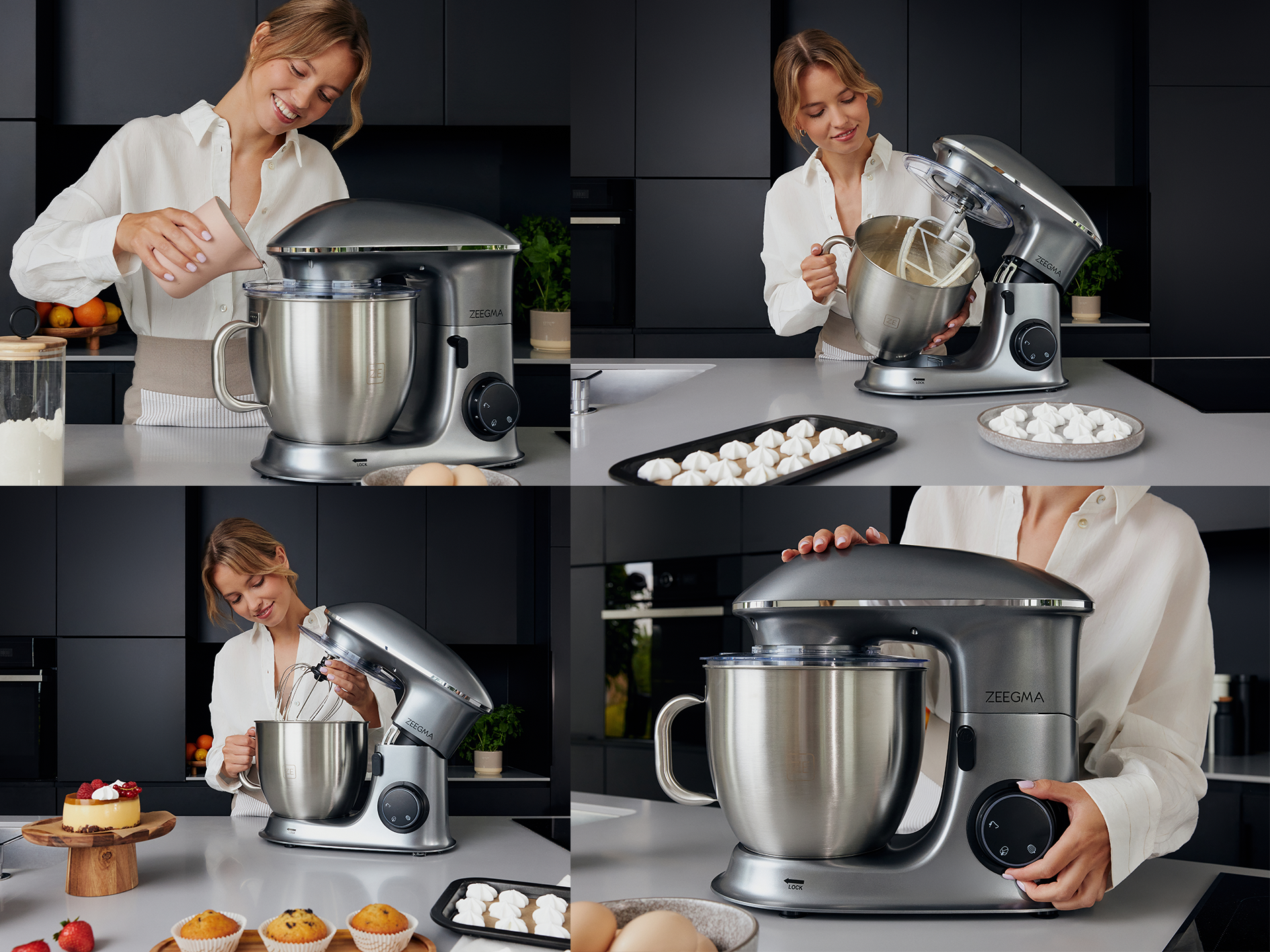 Kilka zdjęć kobiety używającej srebrnego miksera stojącego w kuchni.