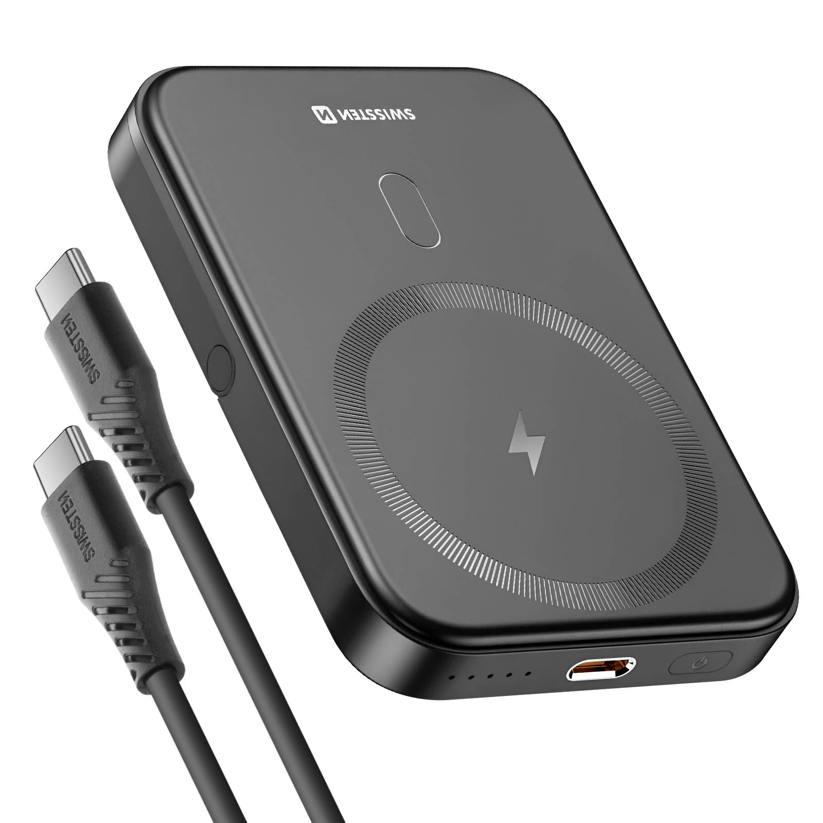 Une batterie externe noire avec chargement sans fil et deux câbles de chargement connectés, fond noir.