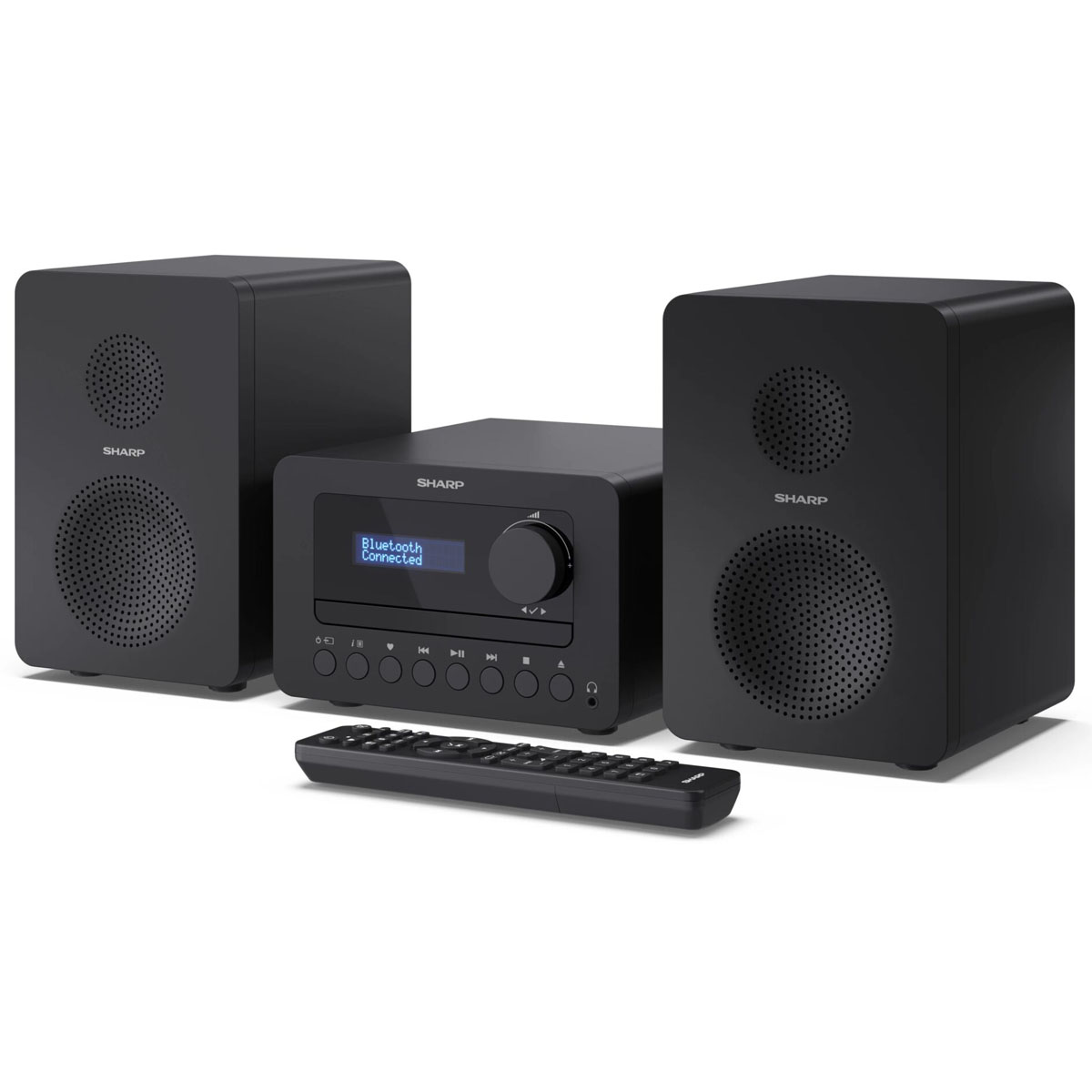 Czarny zestaw stereo z głośnikami i pilotem. Bluetooth połączony wyświetlany na systemie.